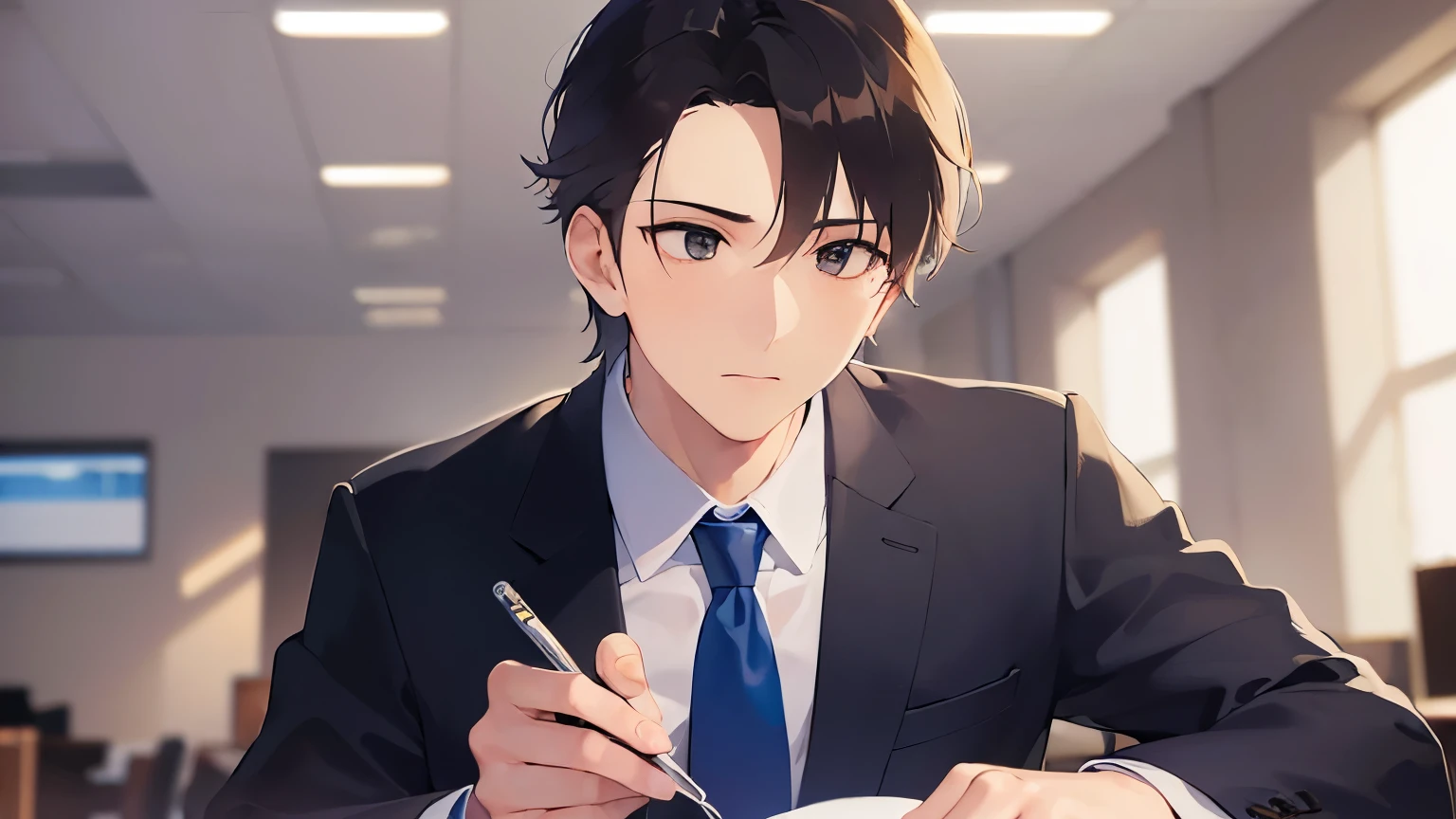 (looking away:1.5),Taking notes、upper body、masterpiece、highest quality、BREAK (25-year-old male:1.5) and (brown short hair) and (Green Eyes) BREAK (suit:1.5) and (Blue tie)、Sitting、Serious expression, Background is an office room、alone、Upper body is shown