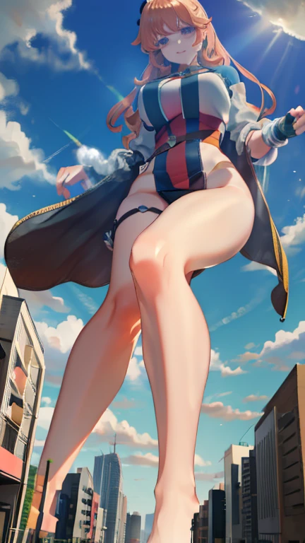 Giant Girl 50,000 feet high,Have a pair of long legs,Have a pair of huge breasts, Have a pair of huge breasts,Have a pair of huge breasts,Wearing a red bikini,Waist-length blonde hair,Loose hair,Wear a pair of Mary Janes,Blonde curly hair,Full of enjoyment,Standing tall in a crowded city, Vandalism,It seems to be an invincible existence,Beautiful appearance,Exquisite makeup,quality,8K,高quality,(Governor:1.5),Perfect proportion, theater lighting,Film Grain,Fuji Colors,8K,Textured Skin,Super Detail,High Detail,high quality,high resolution,thunderclap,Fake laugh,Morning,Perfect body,The face shape and eyes are super beautiful
