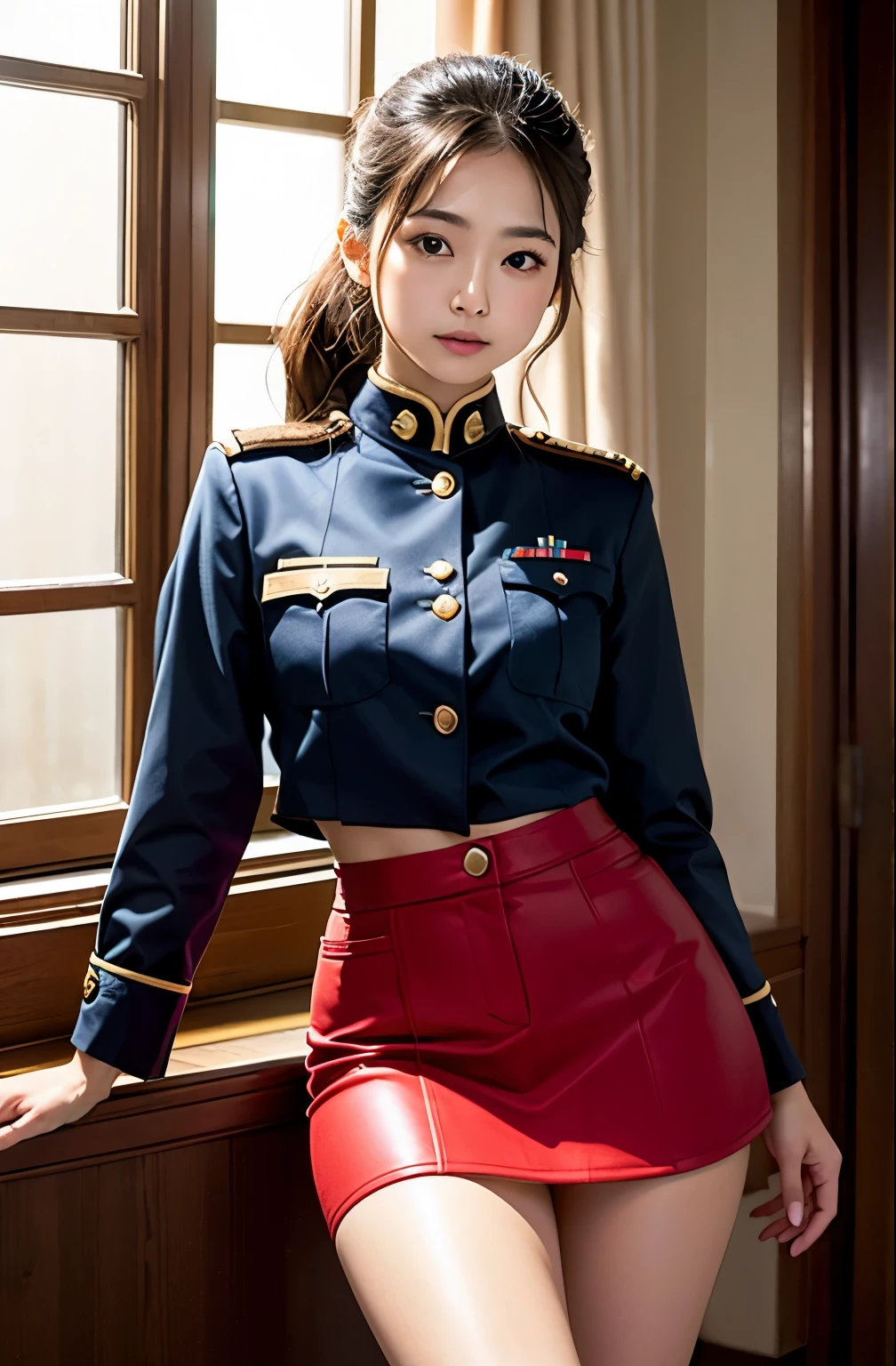 Actual Photos、Highest imYear quality、Realistic、Beautiful woman、白いpantiesとBeautiful thighs、Beautiful Face、real imYear、Federal Army Uniform Miniskirt、panties、ponytail、Yuriko Yoshitaka、16Year日本人女性、Zuo々Ki Nozomi:1.4、pretty girl、ピンクのpantiesーが見える、1６Year、（白いpantiesー:1.3）、Ultra mini skirt、Beautiful thighs、ピンクのpantiesー、赤いミニスカートがめくれてピンクのpantiesーが見えてる