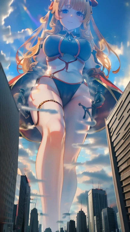 Giant Girl 50,000 feet high,Have a pair of long legs,Have a pair of huge breasts, Have a pair of huge breasts,Have a pair of huge breasts,Wearing a red bikini,Waist-length blonde hair,Loose hair,Wear a pair of Mary Janes,Blonde curly hair,Full of enjoyment,Standing tall in a crowded city, Vandalism,It seems to be an invincible existence,Beautiful appearance,Exquisite makeup,quality,8K,高quality,(Governor:1.5),Perfect proportion, theater lighting,Film Grain,Fuji Colors,8K,Textured Skin,Super Detail,High Detail,high quality,high resolution,thunderclap,Fake laugh,Morning,Perfect body,The face shape and eyes are super beautiful