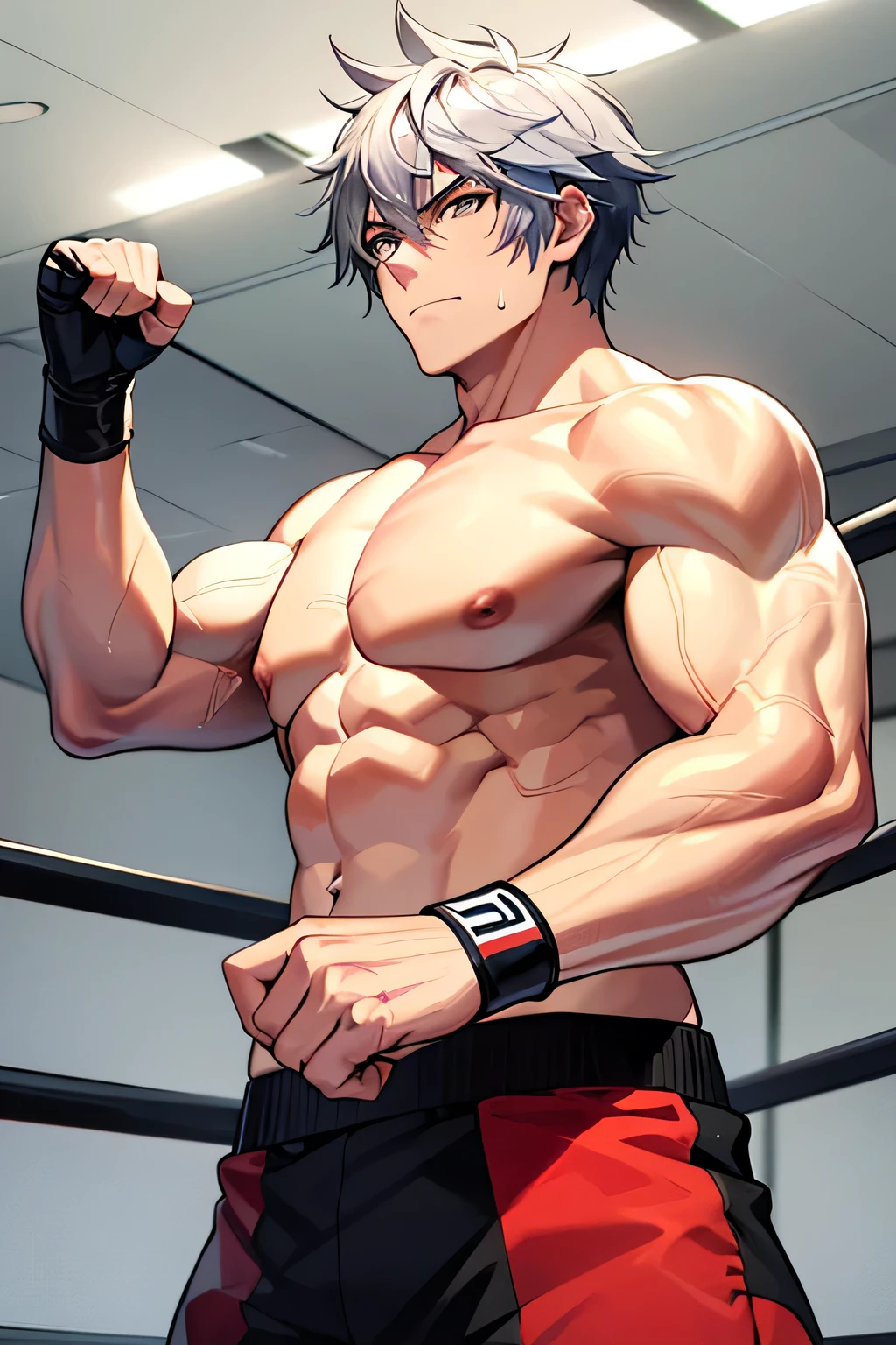 male, anime guy, powerful kickboxer, mature male boxer, standing confidently in a fighting stance, boxing stage, defined muscles and a determined expression, big muscles, silver hair, sweating
