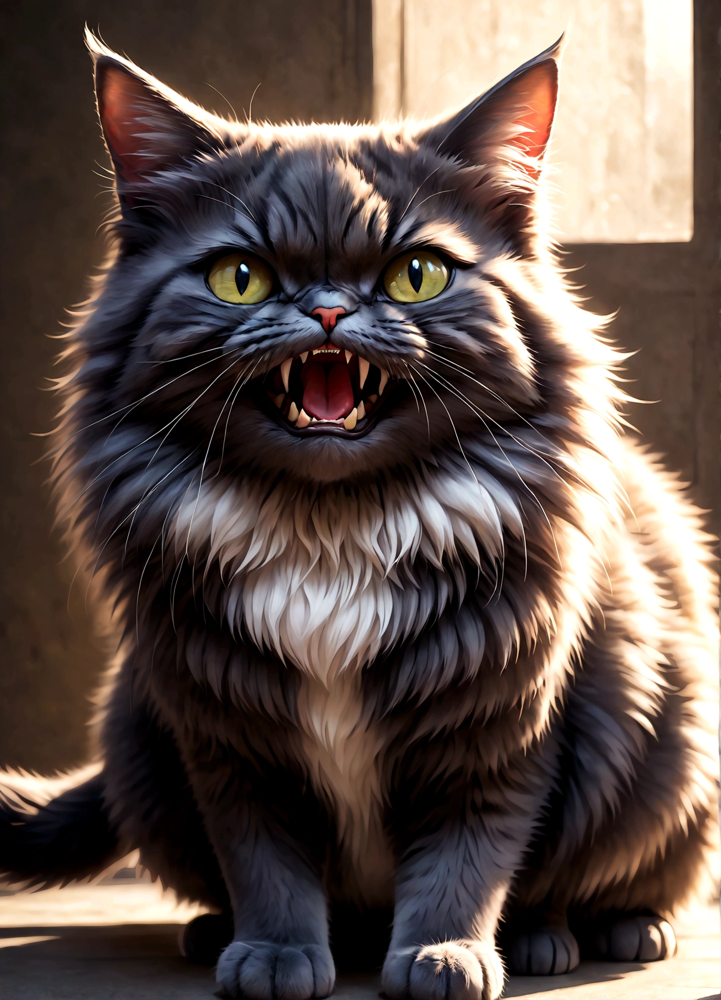 Photo of a cat that hates humans,(Cat 1,Photoreal,focus on reality,disgust that cannot be hidden,((Sense of distrust)),((anger)),((disgust)),cat showing fangs,cat's threatening behavior),cat is looking straight ahead,glare,Saying "I hate you!",fluffy cat,anatomically correct