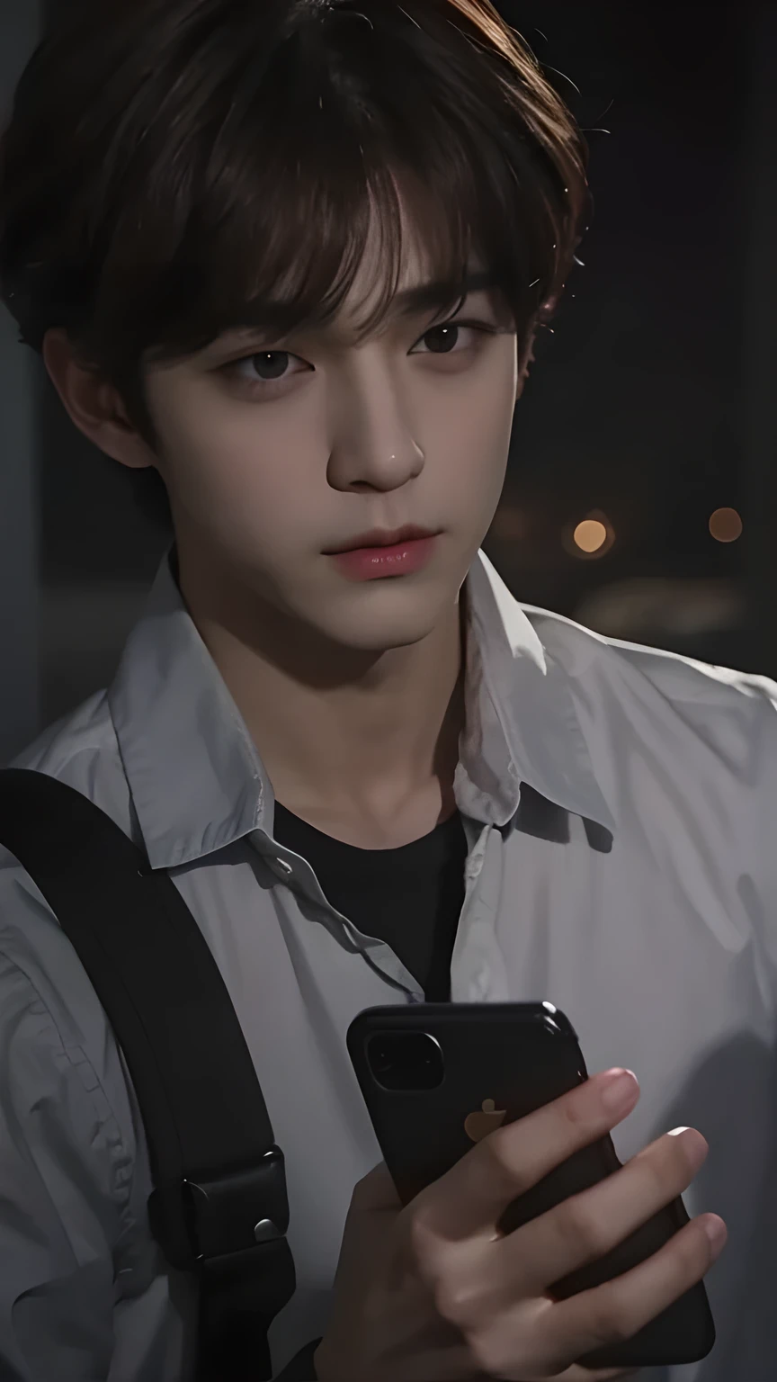 Adapting this male character to the real world, Realistic brown hair, The exact same hairstyle, looking at a cellphone in the middle of Realistic Darkness, Kim Taehyung BTS's realistic handsome face, Realistic sad facial expression, Dressed in the exact same clothes, Realistic black sling bag, Realistic Light, Realistic Dark, Realistic Shadows, Realistic Background