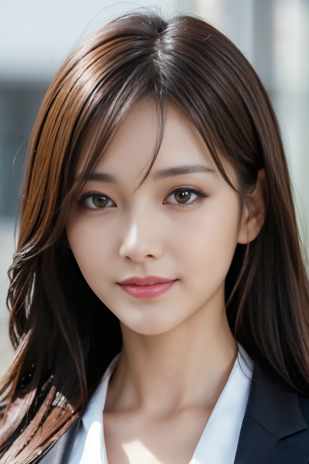 Tabletop, highest quality, Realistic, Very detailed, finely, High resolution, 8k wallpaper, 1 Beautiful Japan Woman, Light brown messy hair, Wearing a business suit, Sharp focus, Perfect dynamic composition, Beautiful and beautiful eyes, Thin Hair, Detailed Realistic skin texture, smile, Close-up portrait, Model Body Type, The background is white