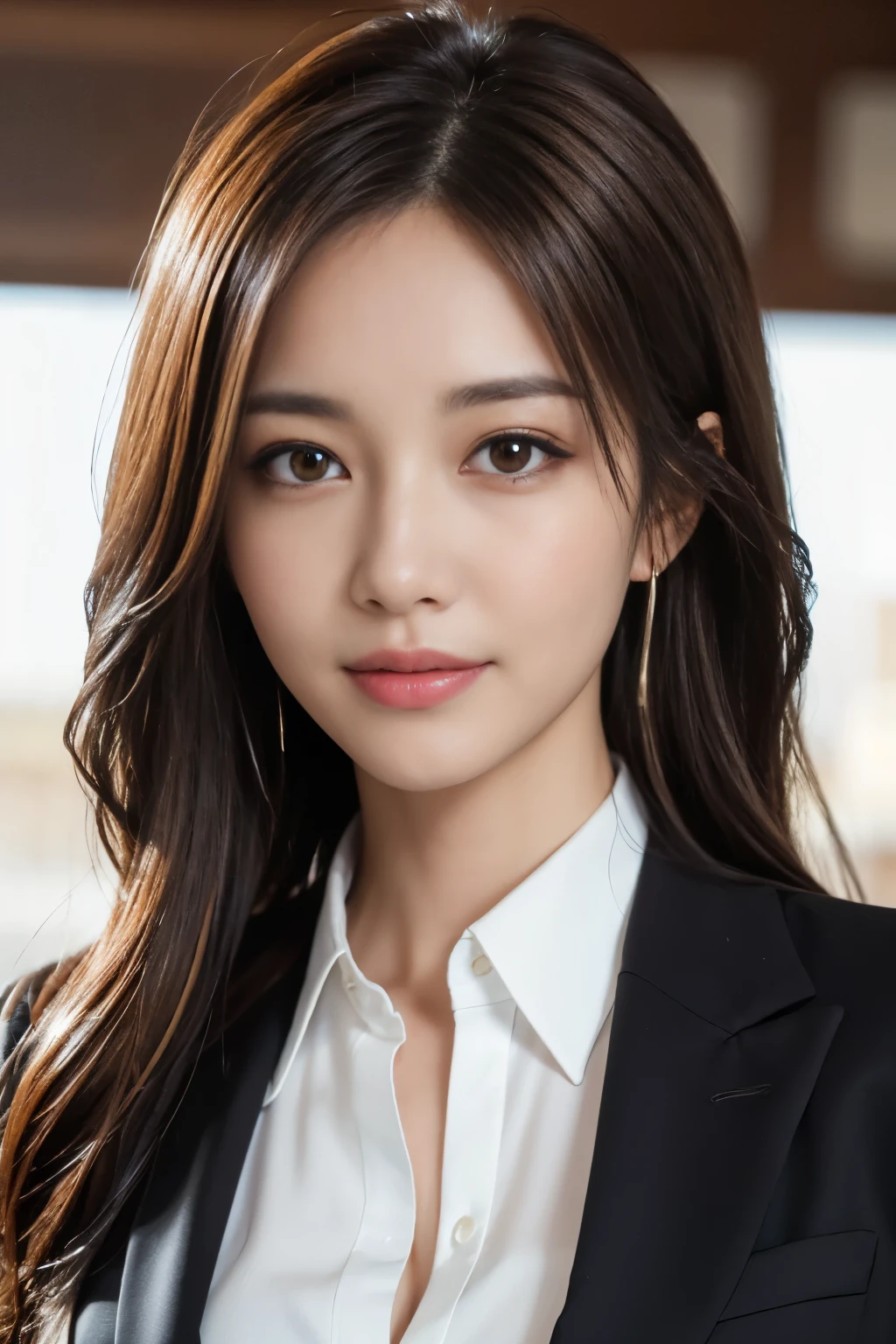 Tabletop, highest quality, Realistic, Very detailed, finely, High resolution, 8k wallpaper, 1 Beautiful Japan Woman, Light brown messy hair, Wearing a business suit, Sharp focus, Perfect dynamic composition, Beautiful and beautiful eyes, Thin Hair, Detailed Realistic skin texture, smile, Close-up portrait, Model Body Type, The background is white