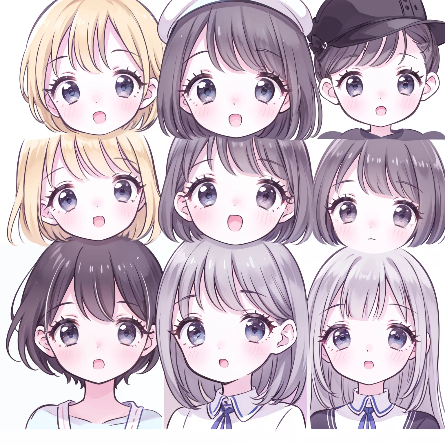 girl,Long blond hair,blue eyes,Facial Expressions,9 emojis,Wear a chef's hat,Emoticon table,Alignment,Multiple poses and expressions(happy,laughing out loud,having fun,Super excited,Giggles,Pat your head,Acting cute, wait,Expectations),(Pure white background:1.2),Simple background,Solid color background,(Extremely detailed eyes:1.3),(Same physical characteristics:1.5)