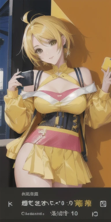 Anime girl in yellow clothes taking pictures with a mobile phone, Faye Wong Valentine's Day, Popular on cgstation, Qatar, rossdraws cartoon vitality, Like artgerm, Attractive anime girl, (SFW) Work, er, Extremely detailed artger, Kagamine Rin, Used cloth, Space suit, :: rossdraws,Huge soft brea