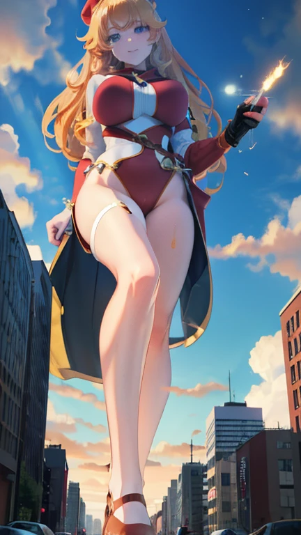 Giant Girl 50,000 feet high,Have a pair of long legs,Have a pair of huge breasts,Have a pair of huge breasts,Wearing a red bikini,Waist-length blonde hair,Loose hair,Wear a pair of Mary Janes,Blonde curly hair,Full of enjoyment,Standing tall in a crowded city, Vandalism,It seems to be an invincible existence,Beautiful appearance,Exquisite makeup,quality,8K,高quality,(Governor:1.5),Perfect proportion, theater lighting,Film Grain,Fuji Colors,8K,Textured Skin,Super Detail,High Detail,high quality,high resolution,thunderclap,Fake laugh,Morning,Perfect body,The face shape and eyes are super beautiful