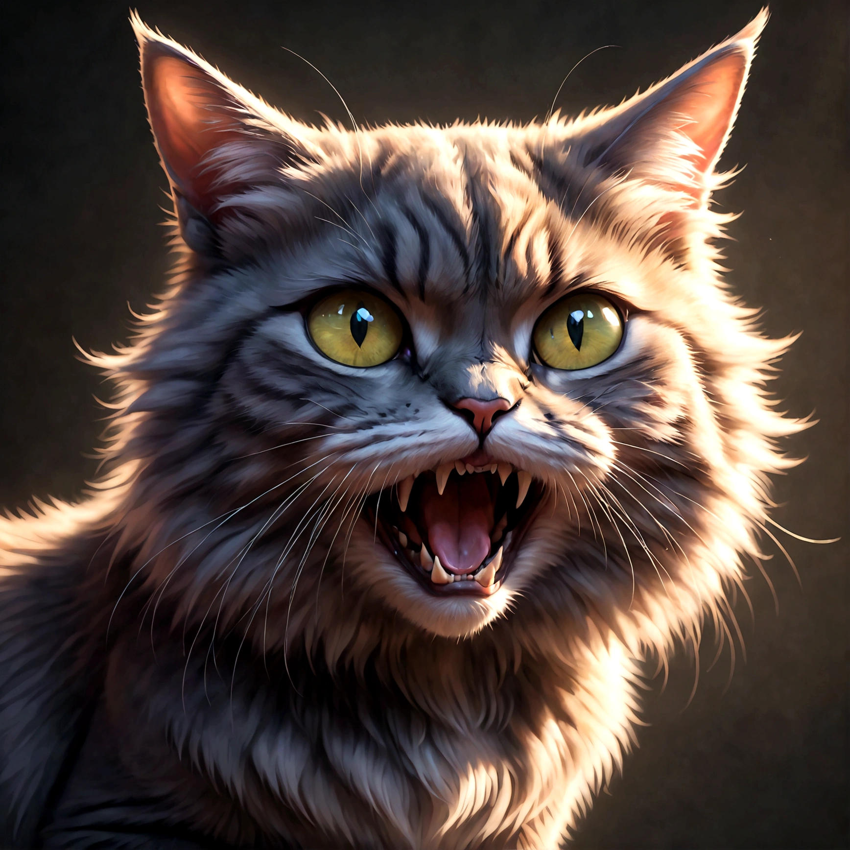 Photo of a cat that hates humans,(Cat 1,Photoreal,focus on reality,disgust that cannot be hidden,((Sense of distrust)),((anger)),((disgust)),cat showing fangs,cat's threatening behavior),cat is looking straight ahead,glare,Saying "I hate you!",fluffy cat,anatomically correct