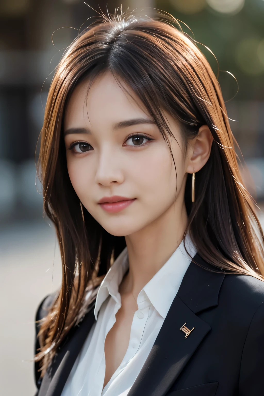 Tabletop, highest quality, Realistic, Very detailed, finely, High resolution, 8k wallpaper, 1 Beautiful Japan Woman, Light brown messy hair, Wearing a business suit, Sharp focus, Perfect dynamic composition, Beautiful and beautiful eyes, Thin Hair, Detailed Realistic skin texture, smile, Close-up portrait, Model Body Type, The background is white