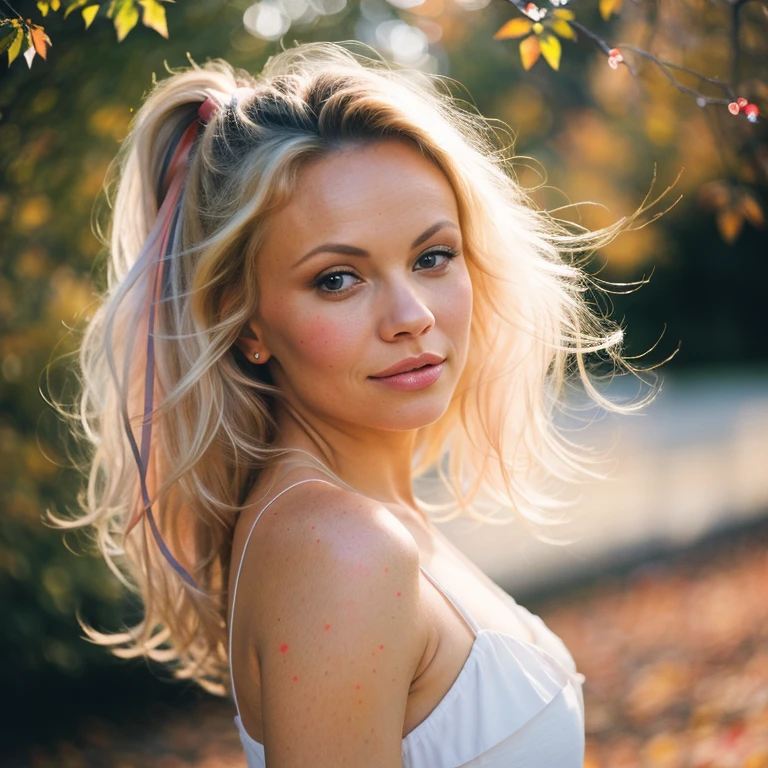 (8k, best quality, masterpiece:1.2),(best quality:1.0), (ultra highres:1.0), pencil colors, Pamela Anderson, shoulder, hair ribbons, by agnes cecile, full body photography, extremely luminous bright design, pastel colors, (ink:1.3), autumn lights