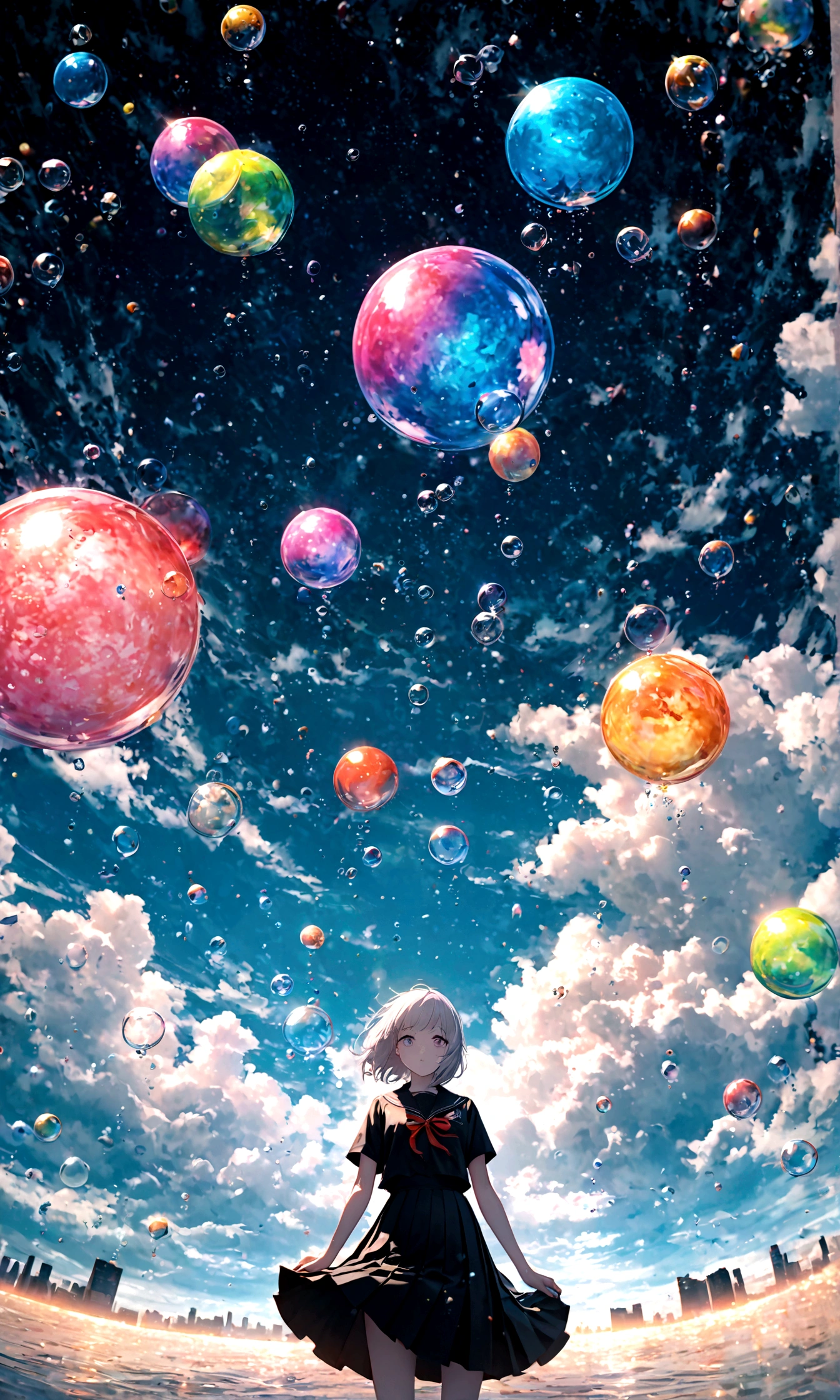 (woman\(student, 20-year-old, JK, Short silver hair floating, Space-colored eyes, school black uniform, Pale skin) Looking up at the sky), (A large glass-colored whale swims in the air), Beautiful sky, Beautiful Clouds, Colorful summer flowers are blooming everywhere., (Transparent bubbles shine like prisms here and there in the sky), There is a noon moon and a noon star in the sky, In a crowded downtown, break ,quality\(8k,非常に精細なCGユニットのwallpaper, masterpiece,High resolution,top-quality,top-quality real texture skin,Surreal,Increase the resolution,RAW Photos,最高quality,Very detailed,wallpaper,Cinema Lighting,Ray-tracing,Golden Ratio\),(Long Shot),Wide Shot,