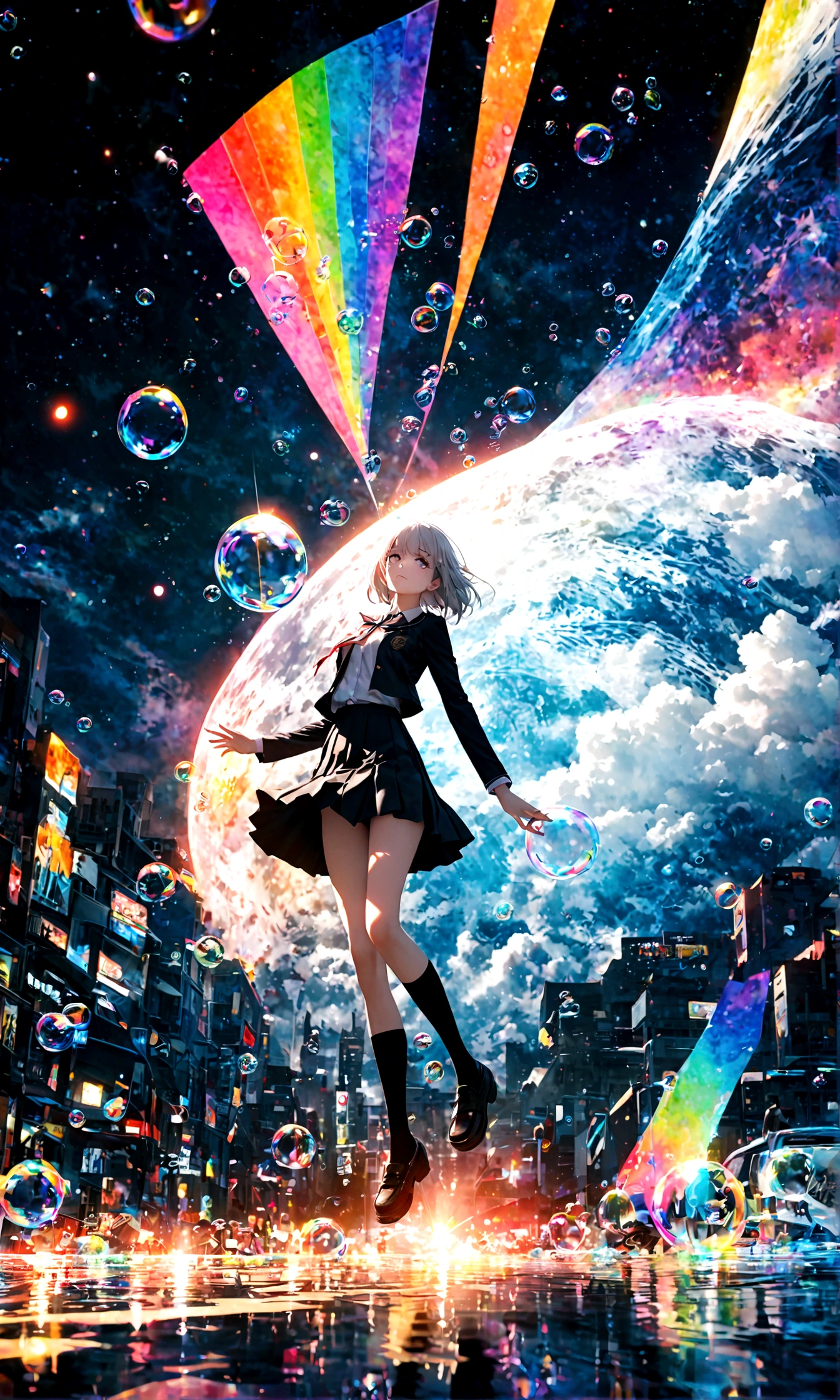 (woman\(student, 20-year-old, JK, Short silver hair floating, Space-colored eyes, school black uniform, Pale skin) Looking up at the sky), (A large glass-colored whale swims in the air), Beautiful sky, Beautiful Clouds, Colorful summer flowers are blooming everywhere., (Transparent bubbles shine like prisms here and there in the sky), There is a noon moon and a noon star in the sky, In a crowded downtown, break ,quality\(8k,非常に精細なCGユニットのwallpaper, masterpiece,High resolution,top-quality,top-quality real texture skin,Surreal,Increase the resolution,RAW Photos,最高quality,Very detailed,wallpaper,Cinema Lighting,Ray-tracing,Golden Ratio\),(Long Shot),Wide Shot,
