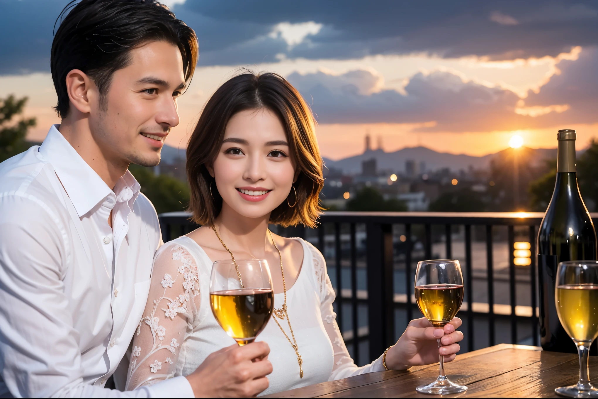 ((highest quality、8k、masterpiece:1.3))、 (Realistic, Real、Bright image、Intricate details:1.2), Best smile 1 man 1 woman、Beautiful couple、lover、couple、spouse、Beautiful couple、Happy smile、full-course dinner、 (Slim face), (Slim Body), (Brown Hair), (Short Hair), テーブルの上のwine glass、Please put light on my face、 Amazing view of the sunset sky and clouds、 (Age 44), 41 years old, red wine 、Appetizers、Wine bottle、sparkling wine、Long sleeve shirt、dress、White wine, red wine, wine glass,