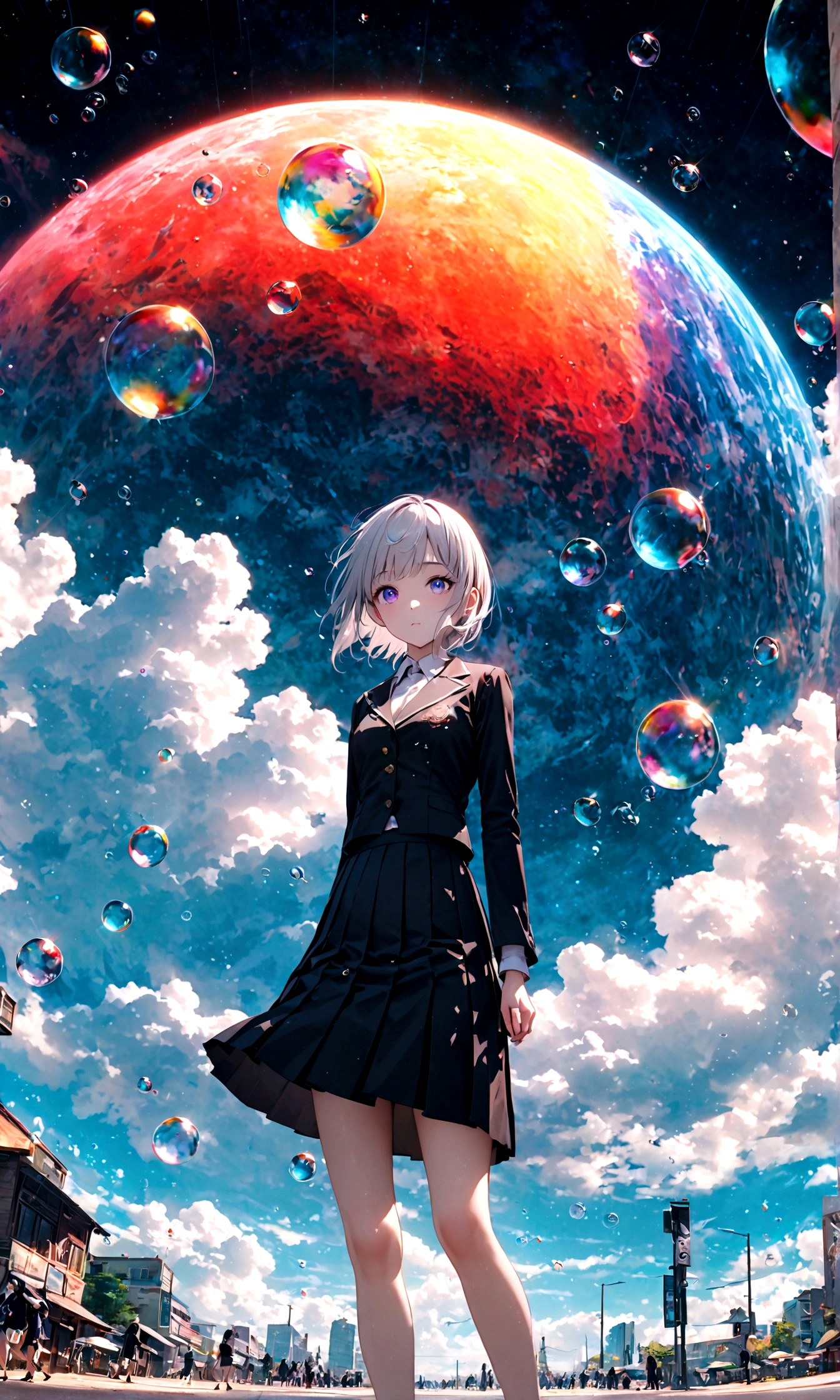 (woman\(student, 20-year-old, ＪＫ, Short silver hair floating, Space-colored eyes, school black uniform, Pale skin) Looking up at the sky), (A large glass-colored whale swims in the air), Beautiful sky, Beautiful Clouds, Colorful summer flowers are blooming everywhere., (Transparent bubbles shine like prisms here and there in the sky), There is a noon moon and a noon star in the sky, In a crowded downtown, break ,quality\(8k,非常に精細なCGユニットのwallpaper, masterpiece,High resolution,top-quality,top-quality real texture skin,Surreal,Increase the resolution,RAW Photos,最高quality,Very detailed,wallpaper,Cinema Lighting,Ray-tracing,Golden Ratio\),(Long Shot),Wide Shot,