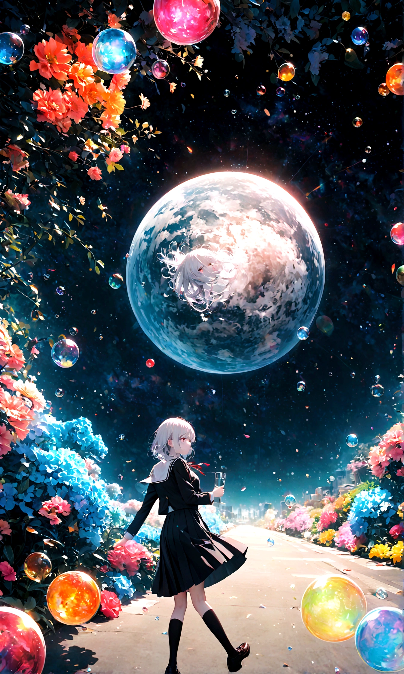 (woman\(student, 20-year-old, ＪＫ, Short silver hair floating, Space-colored eyes, school black uniform, Pale skin) Looking up at the sky), (A large glass-colored whale swims in the air), Beautiful sky, Beautiful Clouds, Colorful summer flowers are blooming everywhere., (Transparent bubbles shine like prisms here and there in the sky), There is a noon moon and a noon star in the sky, In a crowded downtown, break ,quality\(8k,非常に精細なCGユニットのwallpaper, masterpiece,High resolution,top-quality,top-quality real texture skin,Surreal,Increase the resolution,RAW Photos,最高quality,Very detailed,wallpaper,Cinema Lighting,Ray-tracing,Golden Ratio\),(Long Shot),Wide Shot,