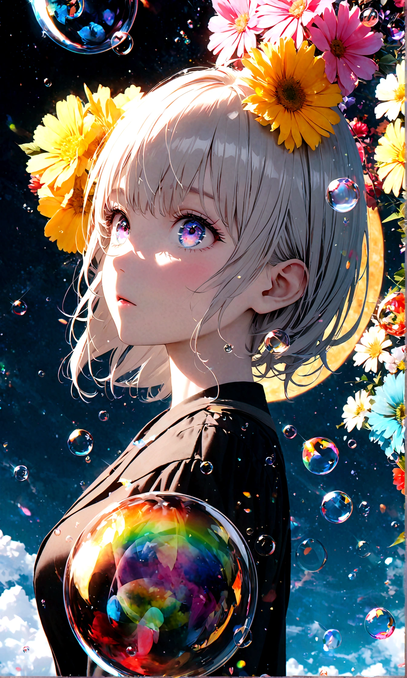 (woman\(student, 20-year-old, ＪＫ, Short silver hair floating, Space-colored eyes, school black uniform, Pale skin) Looking up at the sky), (A large glass-colored whale swims in the air), Beautiful sky, Beautiful Clouds, Colorful summer flowers are blooming everywhere., (Transparent bubbles shine like prisms here and there in the sky), There is a noon moon and a noon star in the sky, In a crowded downtown, break ,quality\(8k,非常に精細なCGユニットのwallpaper, masterpiece,High resolution,top-quality,top-quality real texture skin,Surreal,Increase the resolution,RAW Photos,最高quality,Very detailed,wallpaper,Cinema Lighting,Ray-tracing,Golden Ratio\),(Long Shot),Wide Shot,