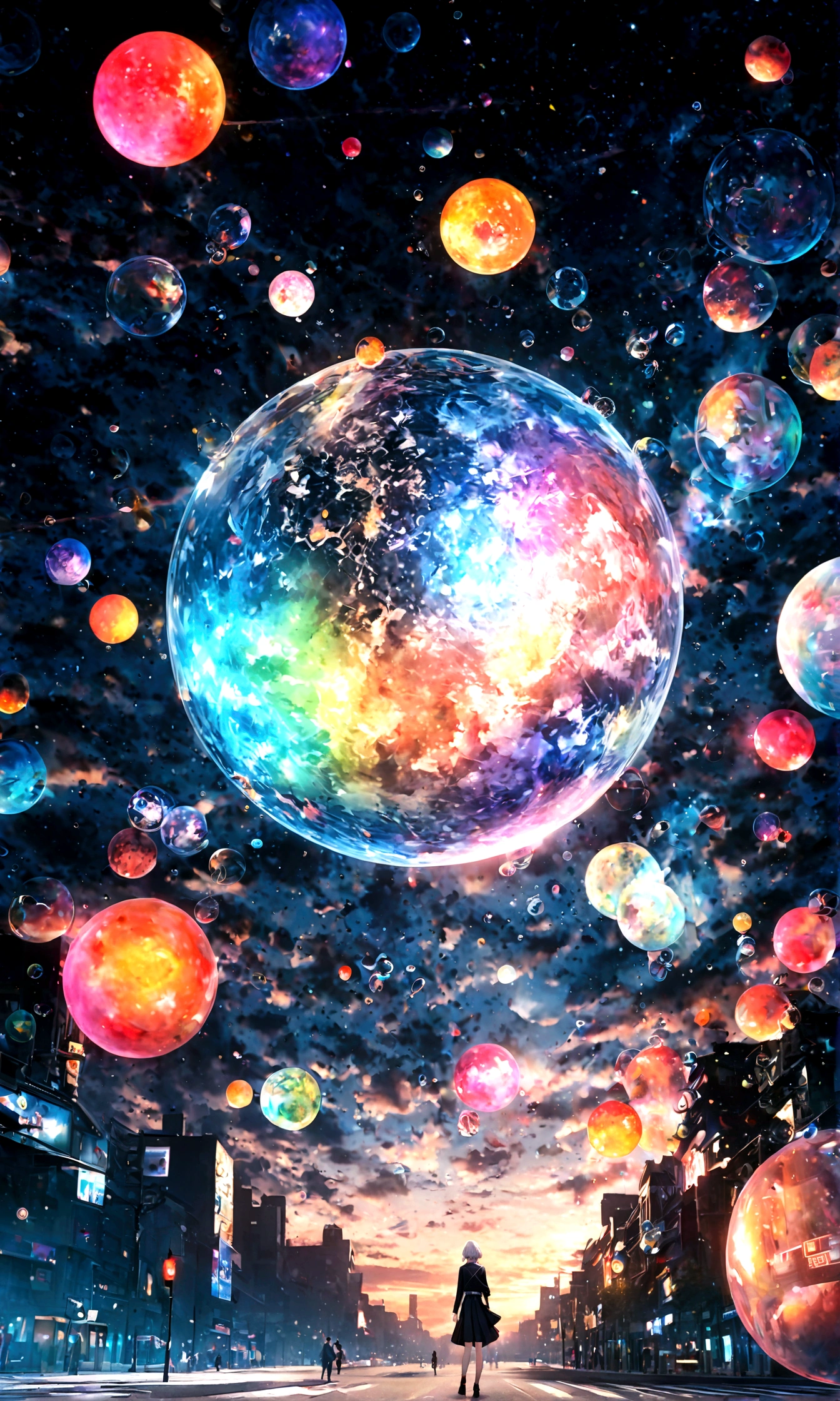 (woman\(student, 20-year-old, ＪＫ, Short silver hair floating, Space-colored eyes, school black uniform, Pale skin) Looking up at the sky), (A large glass-colored whale swims in the air), Beautiful sky, Beautiful Clouds, Colorful summer flowers are blooming everywhere., (Transparent bubbles shine like prisms here and there in the sky), There is a noon moon and a noon star in the sky, In a crowded downtown, break ,quality\(8k,非常に精細なCGユニットのwallpaper, masterpiece,High resolution,top-quality,top-quality real texture skin,Surreal,Increase the resolution,RAW Photos,最高quality,Very detailed,wallpaper,Cinema Lighting,Ray-tracing,Golden Ratio\),(Long Shot),Wide Shot,