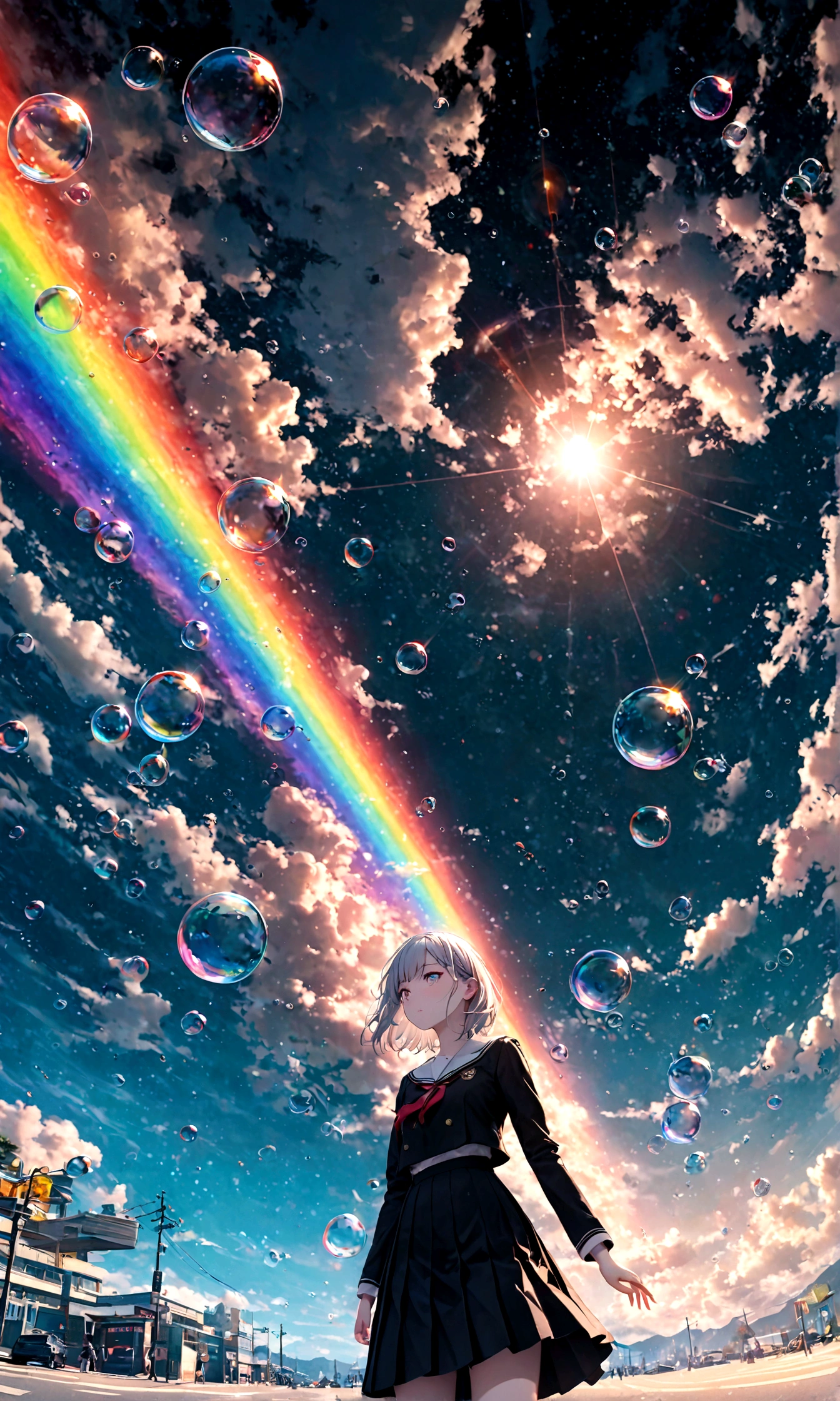 (woman\(student, 20-year-old, ＪＫ, Short silver hair floating, Space-colored eyes, school black uniform, Pale skin) Looking up at the sky), (A large glass-colored whale swims in the air), Beautiful sky, Beautiful Clouds, Colorful summer flowers are blooming everywhere., (Transparent bubbles shine like prisms here and there in the sky), There is a noon moon and a noon star in the sky, In a crowded downtown, break ,quality\(8k,非常に精細なCGユニットのwallpaper, masterpiece,High resolution,top-quality,top-quality real texture skin,Surreal,Increase the resolution,RAW Photos,最高quality,Very detailed,wallpaper,Cinema Lighting,Ray-tracing,Golden Ratio\),(Long Shot),Wide Shot,