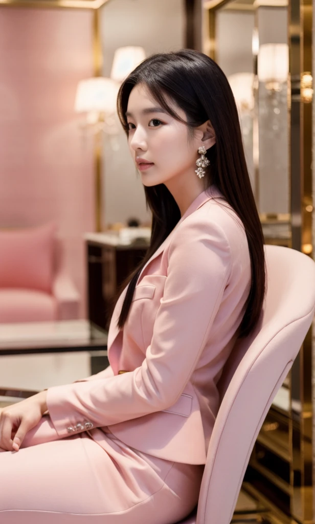 Full body,side view of beautiful korean female, 34 inch breasts size, Height 172 cm,wearing pink suit, and tight skirt, Sitting on a chair in a luxury jewelry store,, bokeh background, UHD