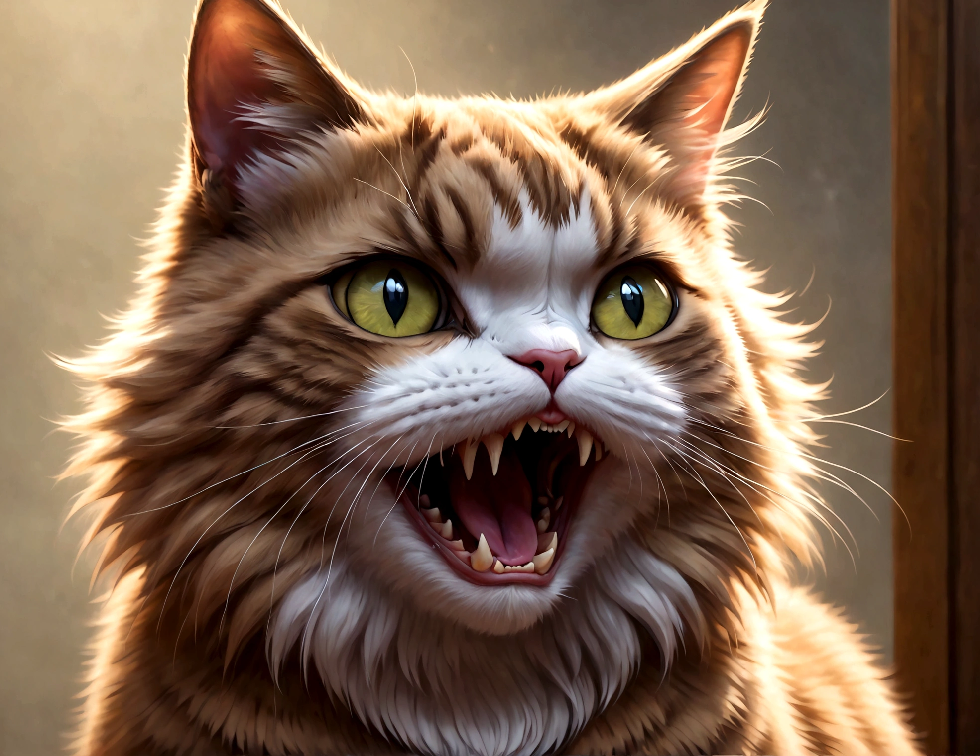 Photo of a cat that hates humans,(Cat 1,Photoreal,focus on reality,disgust that cannot be hidden,((Sense of distrust)),((anger)),((disgust)),cat showing fangs,cat's threatening behavior),cat is looking straight ahead,glare,Saying "I hate you!",fluffy cat,anatomically correct