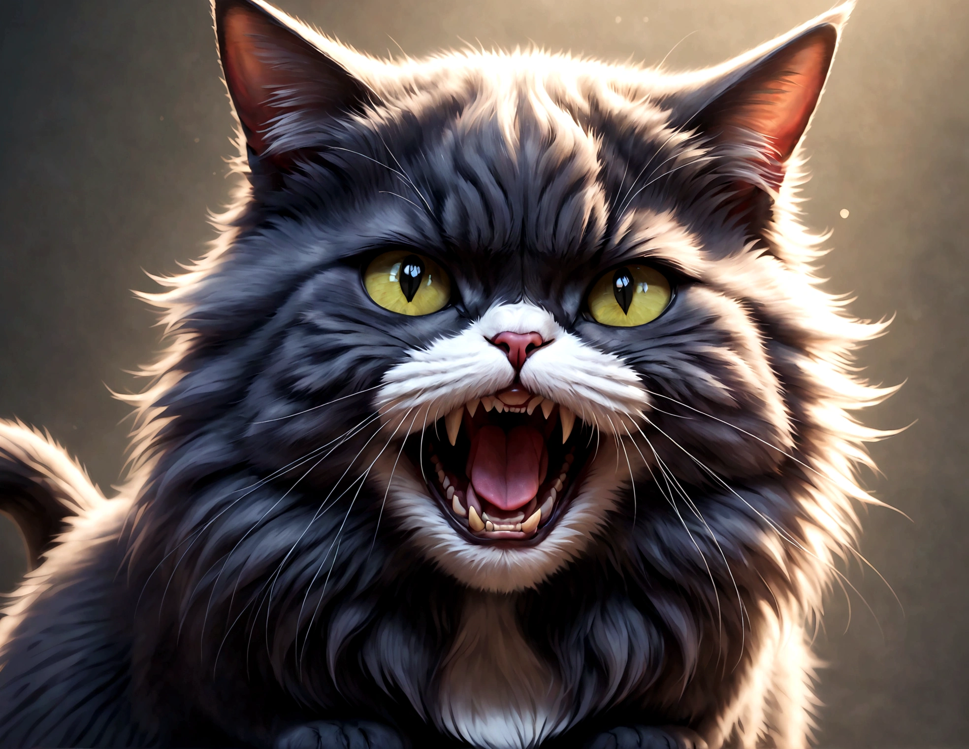 Photo of a cat that hates humans,(Cat 1,Photoreal,focus on reality,disgust that cannot be hidden,((Sense of distrust)),((anger)),((disgust)),cat showing fangs,cat's threatening behavior),cat is looking straight ahead,glare,Saying "I hate you!",fluffy cat,anatomically correct