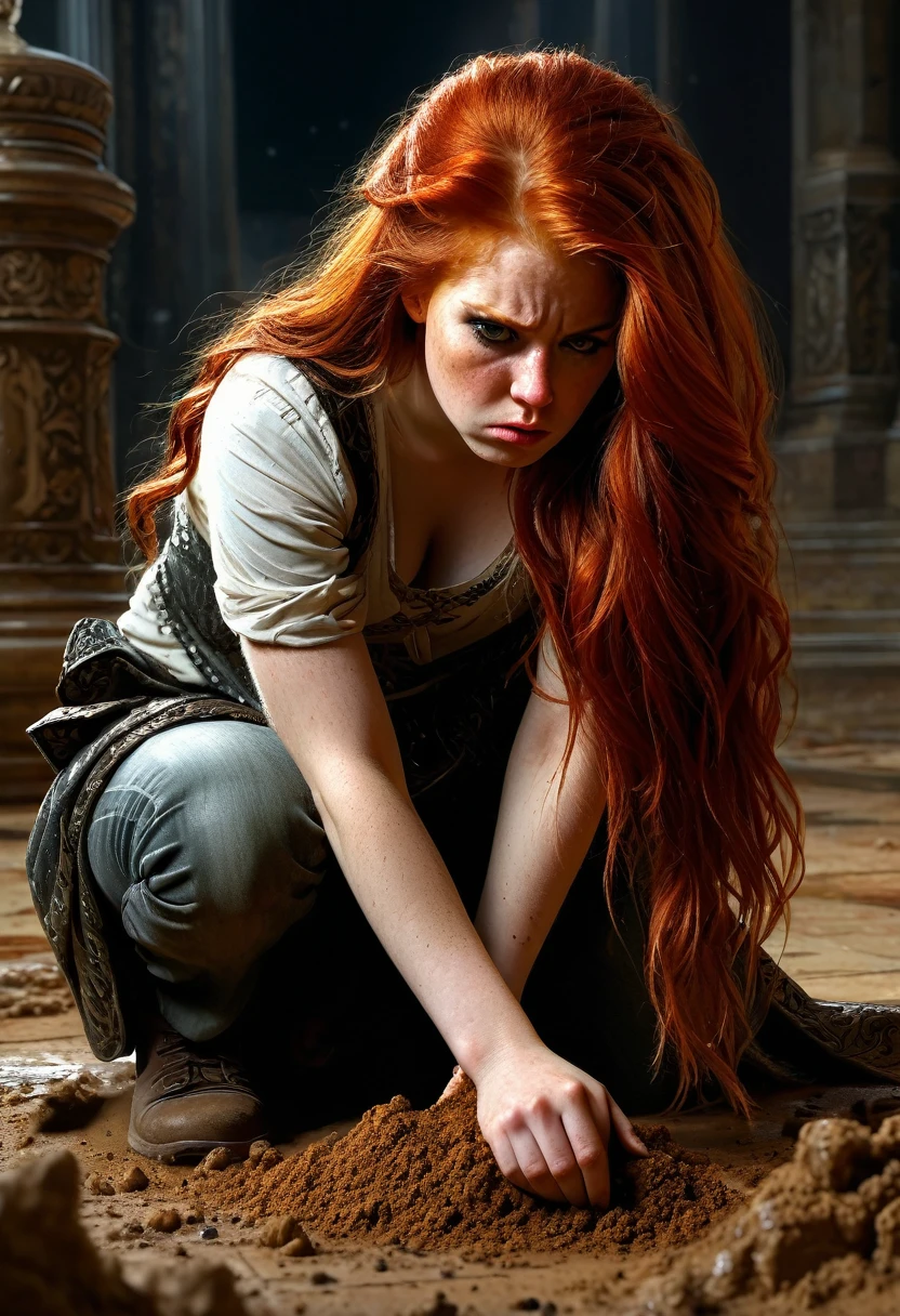 Sublime redhead crouching with a deeply disgusted look looking at the ground, disgusted look, disgusting object , very detailed intense look, detailed long hair, detailed object, highly detailed dirty hands, ((proportions parfaites, masterpiece, hyperRéaliste, masterpiece, superior quality, high resolution, Extremely detailed, highly detailed 8K wallpaper))