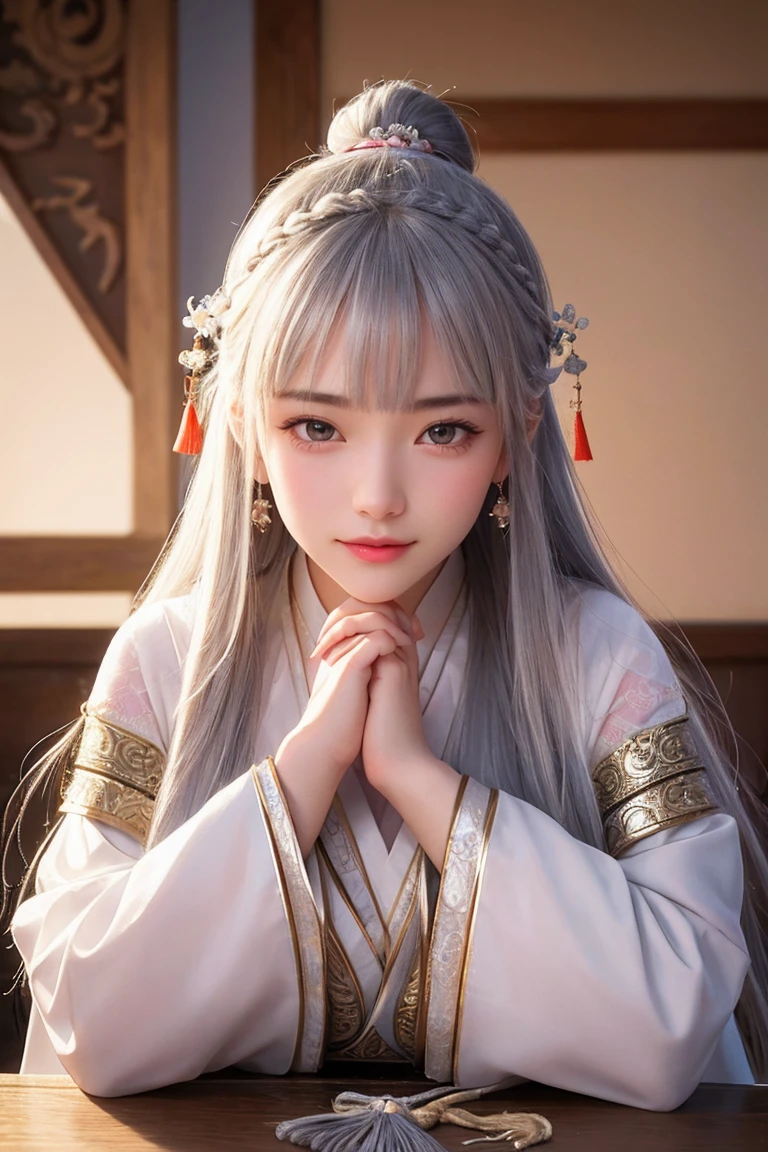 Face close-up，fortune teller、Prayer Master、 Ultra-fine face，woman， Chinese style， Ancient Wind，Hanfu， Sitting pose， Long white hair， Delicate clothing patterns， grace， Gorgeous， grace， smile，Sky Sky， ribbon，Sense of brokenness， It is， Bubble， Double up braid， Hairline， Diagonal bangs， hair band， hair ornaments，Sparkling， Cinema Lighting，  Hyper HD， High resolution， 最high quality， 8k， High detail， high quality， Super Detail， Anatomically correct， masterpiece， Accurate，plump，Landscape painting，screen