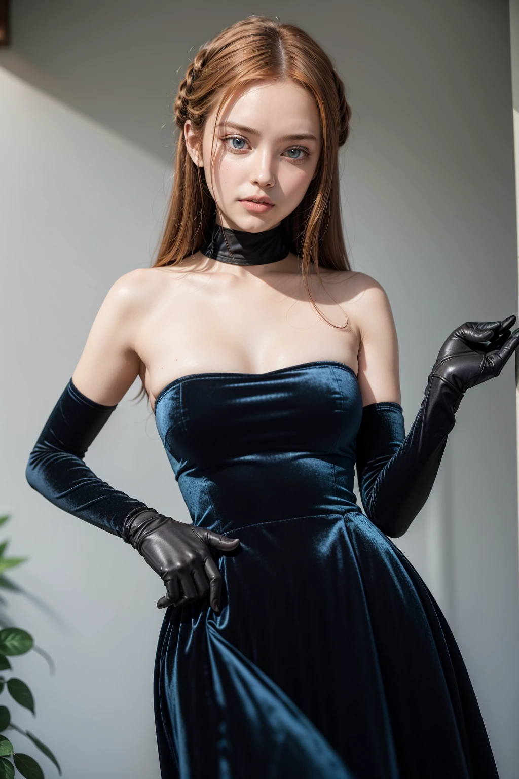 masterpiece, best quality, 1girl, blu3v3lv3t, gloves, dress, bare shoulders, elbow gloves, strapless, blue dress, strapless dress, blue gloves, velvet, solo, garden full of roses background, ginger hair,