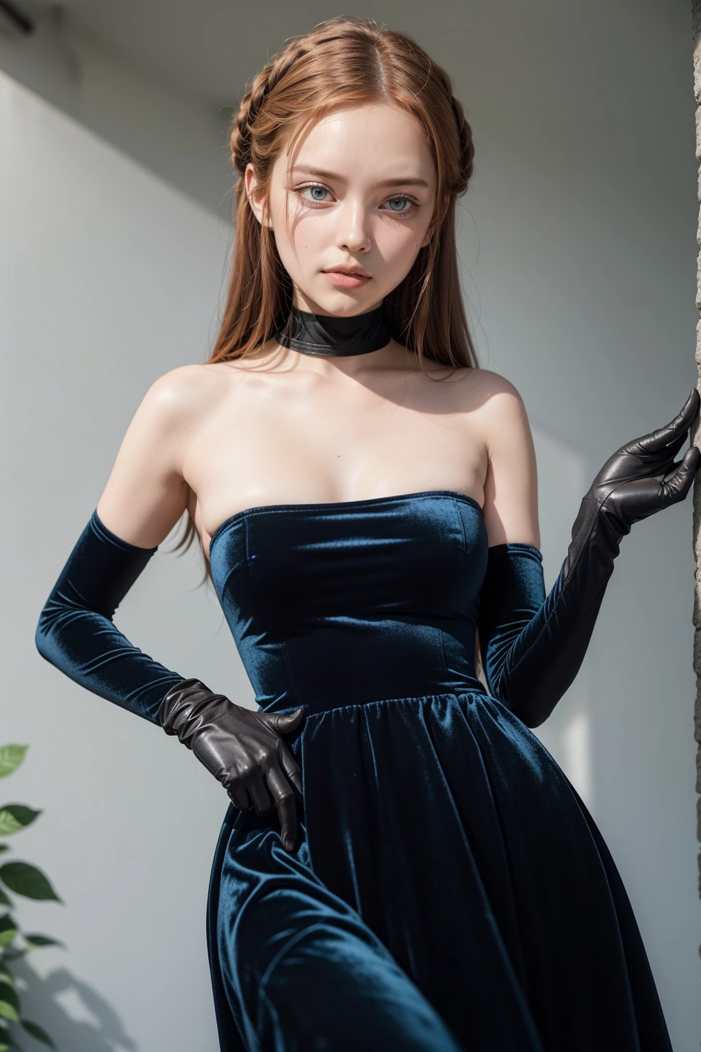 masterpiece, best quality, 1girl, blu3v3lv3t, gloves, dress, bare shoulders, elbow gloves, strapless, blue dress, strapless dress, blue gloves, velvet, solo, garden full of roses background, ginger hair,