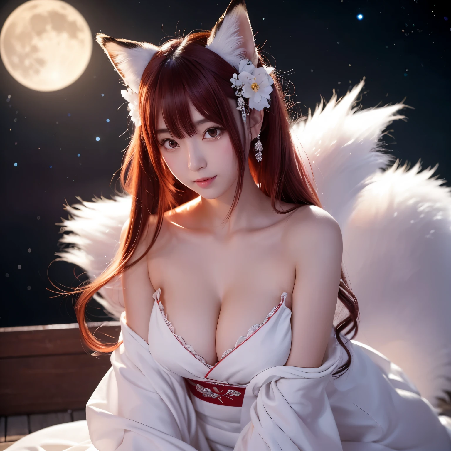 『A highly detailed, 8K image of a cute,  anime-style girl with big, fluffy white fox ears and a matching white bushy tail. She is sitting in a formal pose, facing the viewer directly with a seductive expression, her traditional black Japanese geisha/courtesan outfit completely open to reveal her large, perky breasts. The background features a dramatic night sky with a prominent full moon. She has long, flowing red hair.』