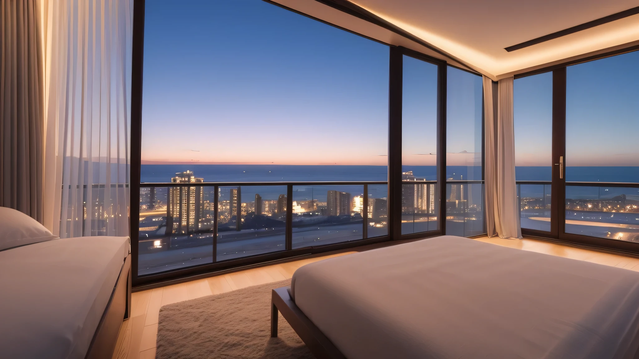 Panoramic view of bedroom,With large windows,Overlooking the city, Luxury apartment interior, Night Rendering, Ambient lighting at night, Overlooking the beach, Warm ambient lighting, Luxurious environment, 8K Sensual Lighting, Stunning rendering, comfortable environment, stunning rendering, In the seaside environment, vray 8k rendering, 8k vray rendering, Sea view
