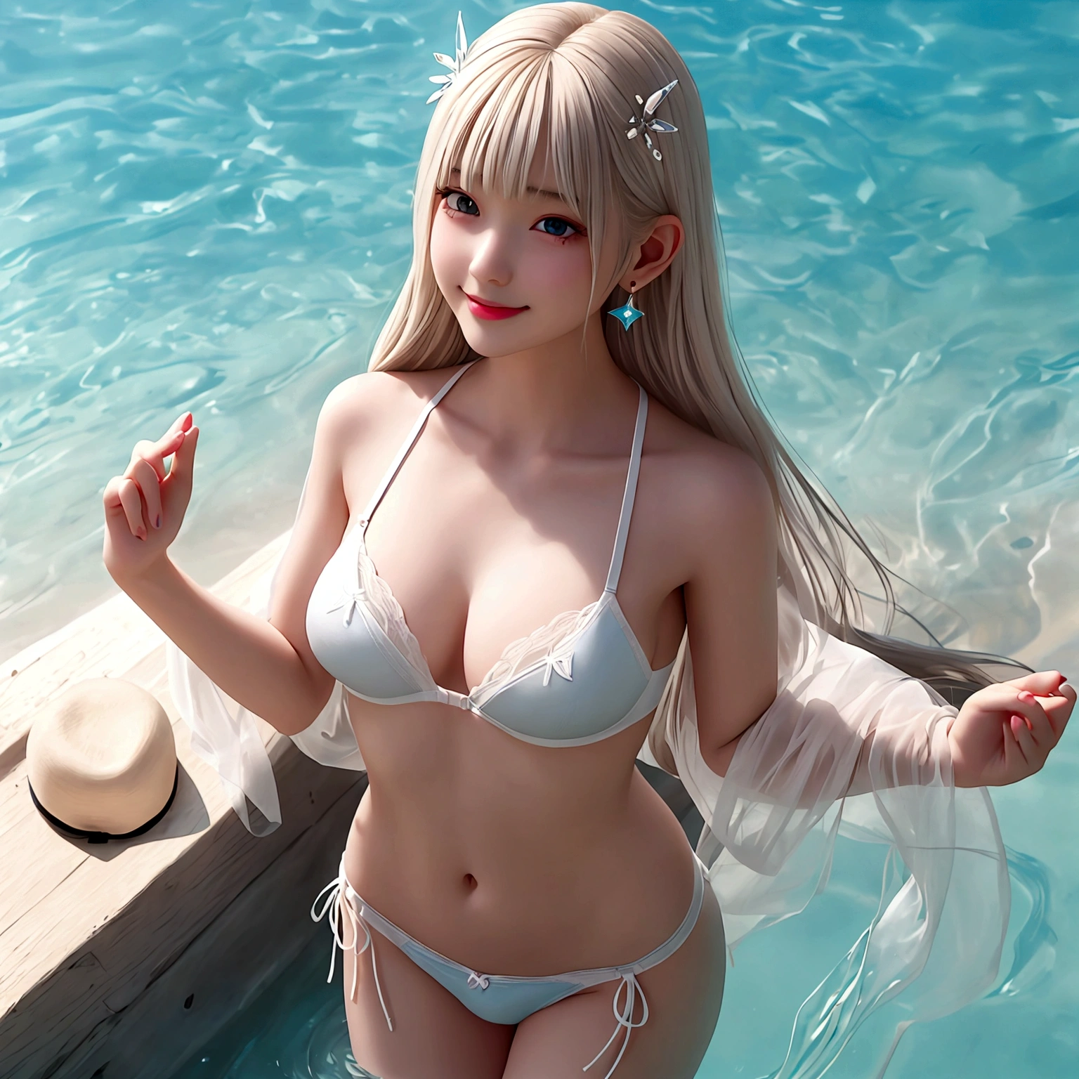 white blonde hair、 (( Transparent bra and panties are sexy and gorgeous.))、(Bright, colorful bras and panties.) 、a lot、 Shiny skin、 white skin、 smile、 Beautiful bangs、 long and straight、 shiny hair、 Extra long, straight hair、 eyeliner、 small face、 Big, firm breasts、 Eyes as blue as crystal clear sea water.、 Shining beautifully、 earring, pendant, Hats and bracelets hang from ears.、Beautiful and smart girl、 Play in the water at the outdoor beach and take full-length photos.、 Looking to the future