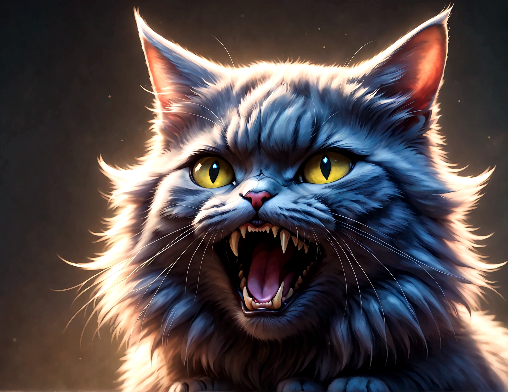 Close-up photo of a cat that hates humans,(Cat 1,Photoreal,focus on reality,disgust that cannot be hidden,((Sense of distrust)),((anger)),((disgust)),cat showing fangs,cat's threatening behavior),cat is looking straight ahead,glare,Saying "I hate you!",fluffy cat,anatomically correct