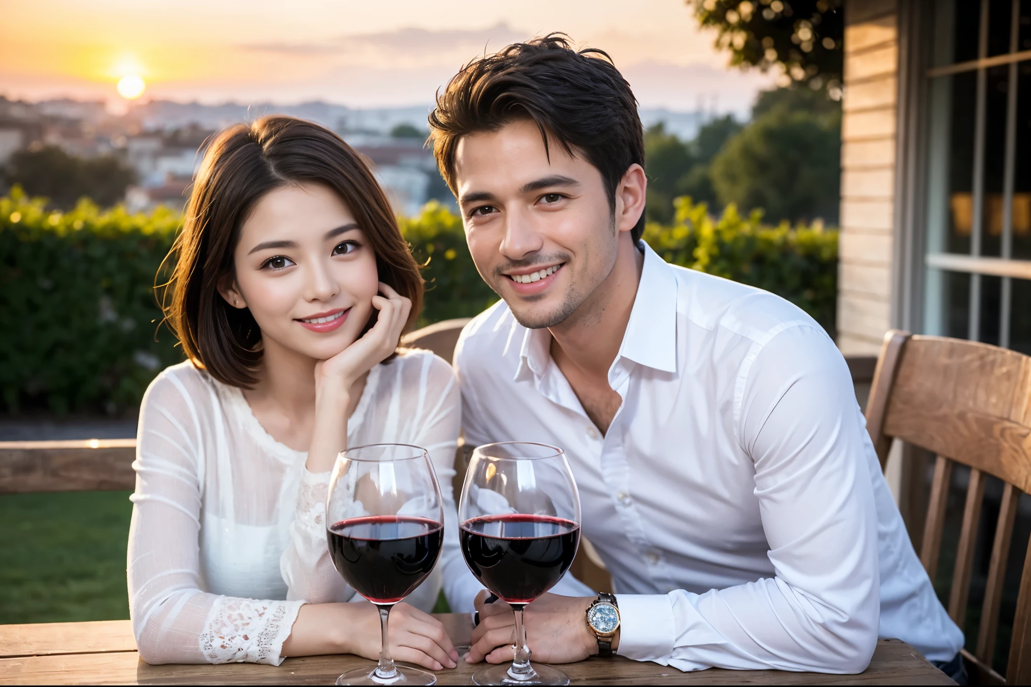 ((highest quality、8k、masterpiece:1.3))、 (Realistic, Real、Bright image、Intricate details:1.2), Best smile 1 man 1 woman、Beautiful couple、lover、couple、spouse、Beautiful couple、Happy smile、full-course dinner、 (Slim face), (Slim Body), (Brown Hair), (Short Hair), テーブルの上のwine glass、Please put light on my face、 Amazing view of the sunset sky and clouds、 (Age 44), 41 years old, red wine 、Appetizers、Wine bottle、sparkling wine、Long sleeve shirt、dress、White wine, red wine, wine glass, 