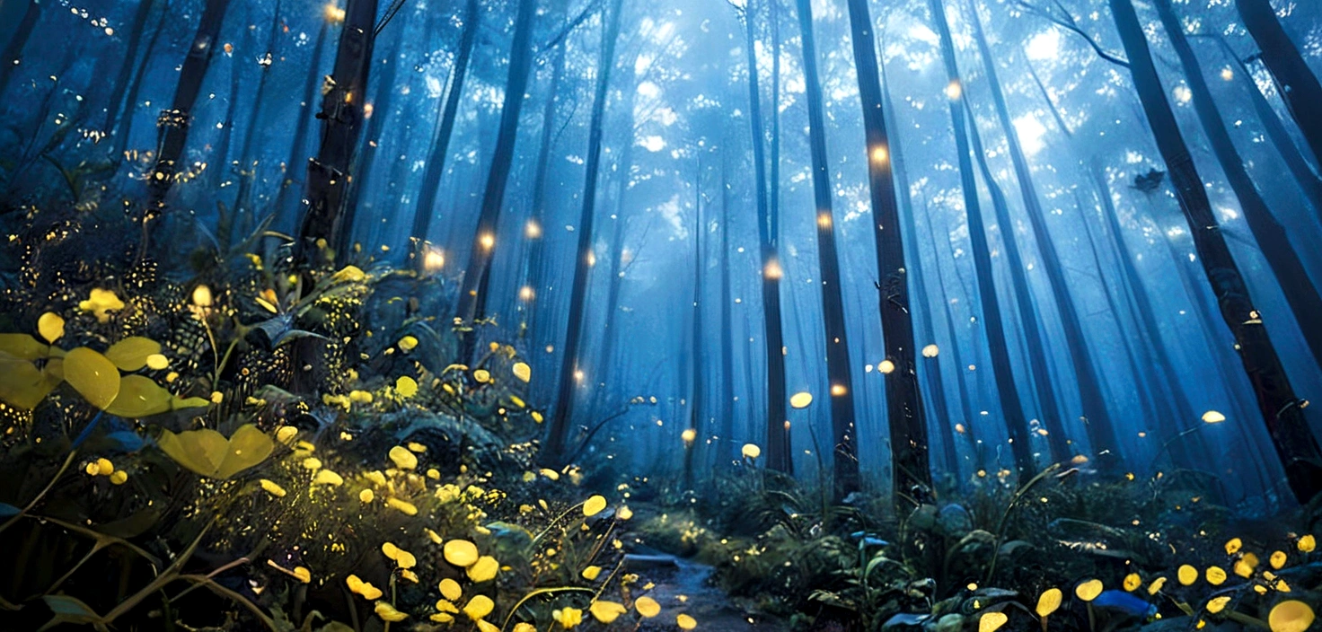 森林里有很多的firefly在空中飞翔, Enchanted Forest with fireflies, firefly在森林里飞翔, 夜晚的firefly森林, Enchanted Forest, Indigo Forest in Japan, glowing forest, firefly和闪闪发光的缕缕光辉, blue firefly, 金色的firefly灯, firefly发光, 金色球体和firefly, firefly