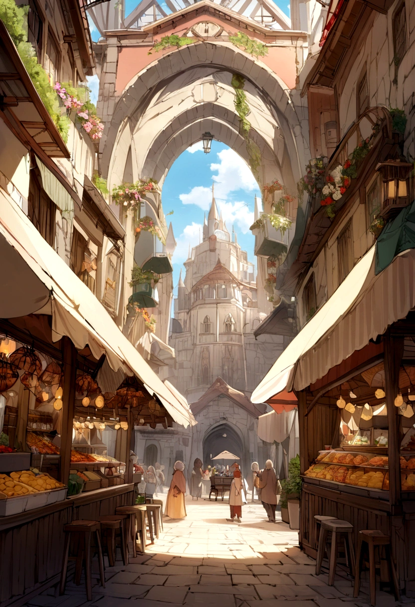 ((((masterpiece, Best Quality, High resolution)))), High detail, manga，anime，Illustrated style，Use of bright colors，Ghibli Studio「Howl&#39;s Moving Castle」The colors are like those used in daytime scenes., Medieval European fantasy worldview,Christmas Market Square during the day, Festival scene in the square, There is a beautiful fountain in the center、Sparkling water gushes out in the sunlight., Large space, Bustling food stalls,Lots of food stalls，There aren&#39;t many people，人の着ている服はGhibli Studioの魔女の宅急便のような雰囲気， RPG-like scenery, Colorful stalls selling delicious looking foods, The sky is bright blue、Fluffy white clouds floating, And the sun is shining brightly, Create a magical and cozy atmosphere.