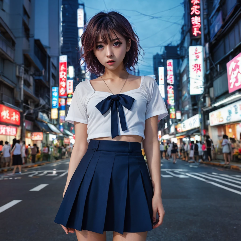 (8k, RAW photo, masterpiece:1.3), (realistic, photo-realistic:1.37), (night), (looking at viewer:1.331), (bloody hair), posing, Tokyo street, nightcityscape, cyberpunk city, soft light, topless girl, extremely beautiful face, bust, put down hands, Random hairstyle, Random expression, big eyes, lower abdomen, (short-sleeved .JK_shirt), JK_style, (dark blue short JK_skirt), (bow JK_tie), mix4., best quality