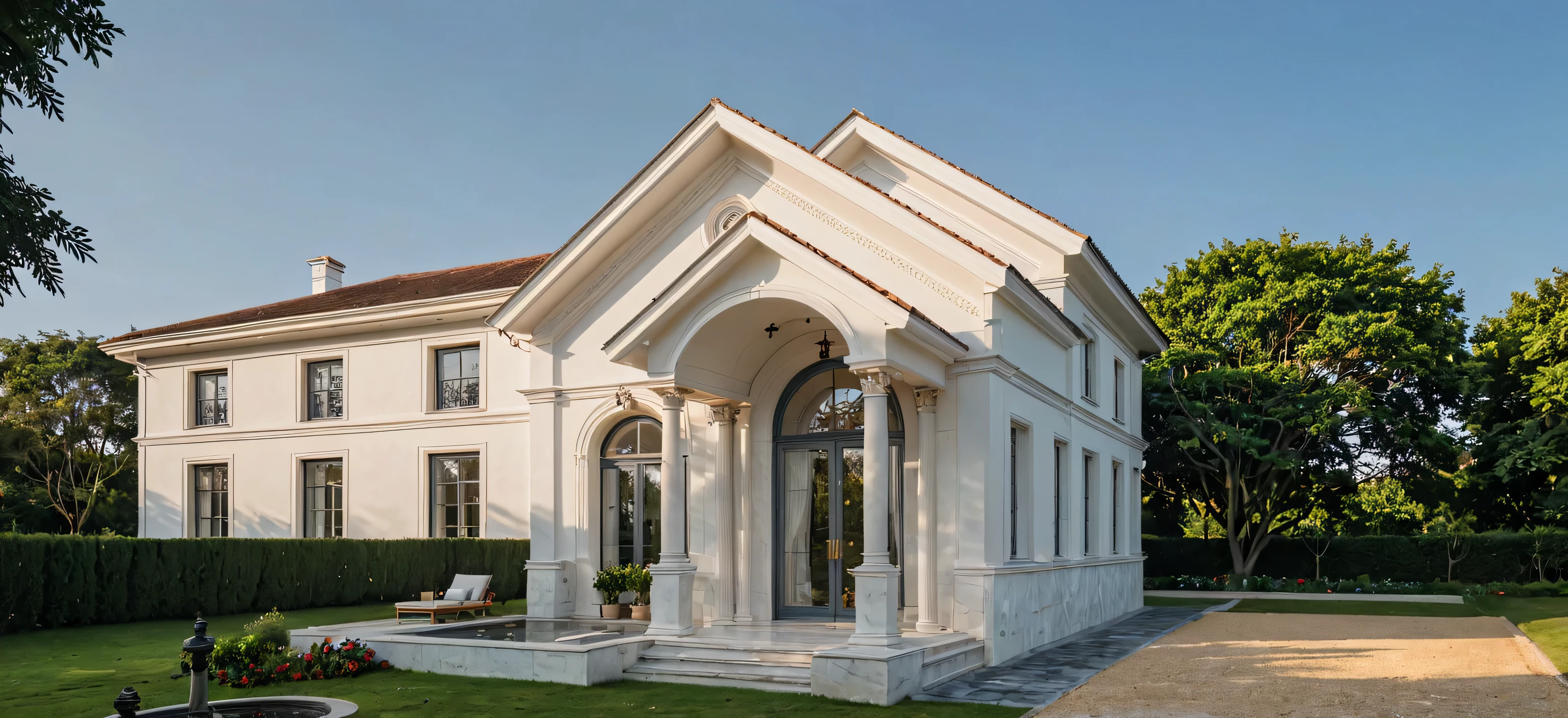 RAW photo,Masterpiece, high quality, best quality, authentic, super detail,
archneoclassicalhouse, exterior, neoclassic house with white wall and glass windows, daylight, archdaily architecture,
(high detailed :1.2), 8k uhd, dslr, soft lighting, high quality, film grain, Fujifilm XT3