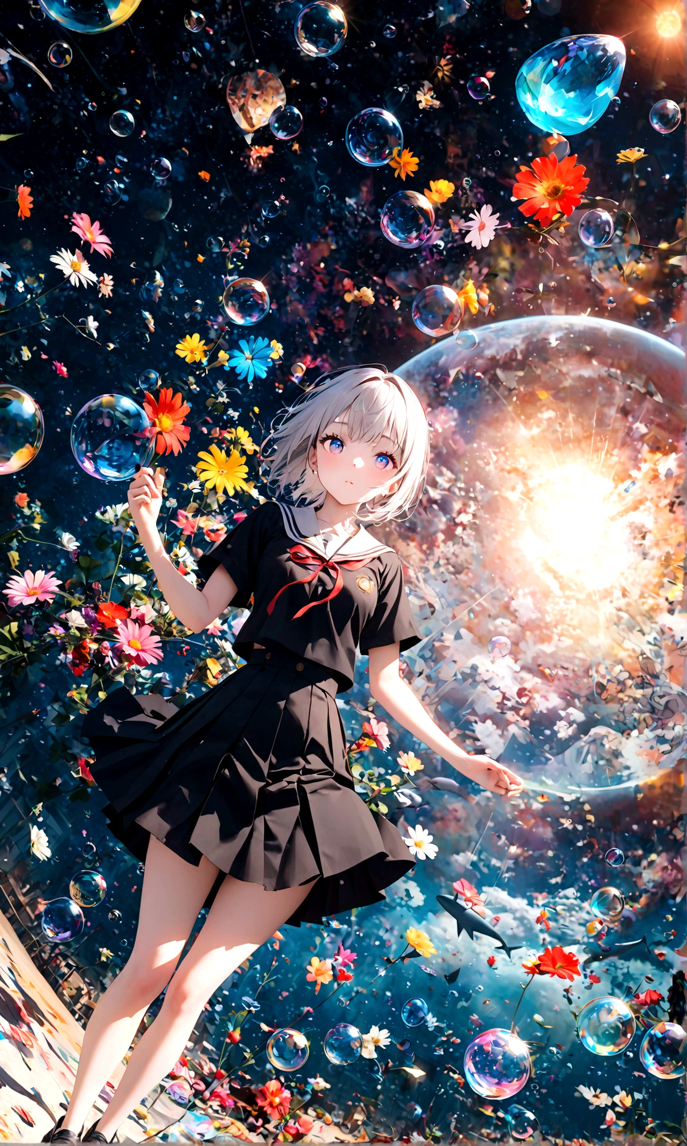 (woman\(student, 20-year-old, ＪＫ, Short silver hair floating, Space-colored eyes, school black uniform, Pale skin) Looking up at the sky), (A large glass-colored whale swims in the air), Beautiful sky, Beautiful Clouds, Colorful summer flowers are blooming everywhere., (Transparent bubbles shine like prisms here and there in the sky), There is a noon moon and a noon star in the sky, In a crowded downtown, break ,quality\(8k,非常に精細なCGユニットのwallpaper, masterpiece,High resolution,top-quality,top-quality real texture skin,Surreal,Increase the resolution,RAW Photos,最高quality,Very detailed,wallpaper,Cinema Lighting,Ray-tracing,Golden Ratio\),(Long Shot),Wide Shot,