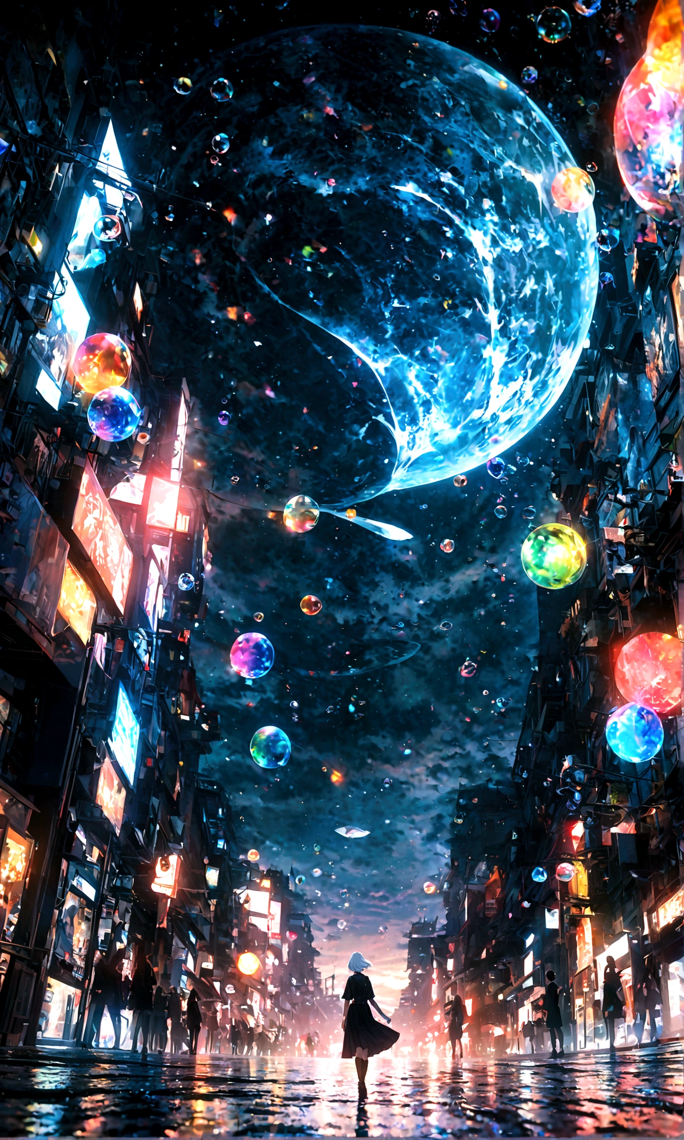 (woman\(student, 20-year-old, JK, Short silver hair floating, Space-colored eyes, school black uniform, Pale skin) Looking up at the sky), (A large glass-colored whale swims in the air), Beautiful sky, Beautiful Clouds, Colorful summer flowers are blooming everywhere., (Transparent bubbles shine like prisms here and there in the sky), There is a noon moon and a noon star in the sky, In a crowded downtown, break ,quality\(8k,非常に精細なCGユニットのwallpaper, masterpiece,High resolution,top-quality,top-quality real texture skin,Surreal,Increase the resolution,RAW Photos,最高quality,Very detailed,wallpaper,Cinema Lighting,Ray-tracing,Golden Ratio\),(Long Shot),Wide Shot,