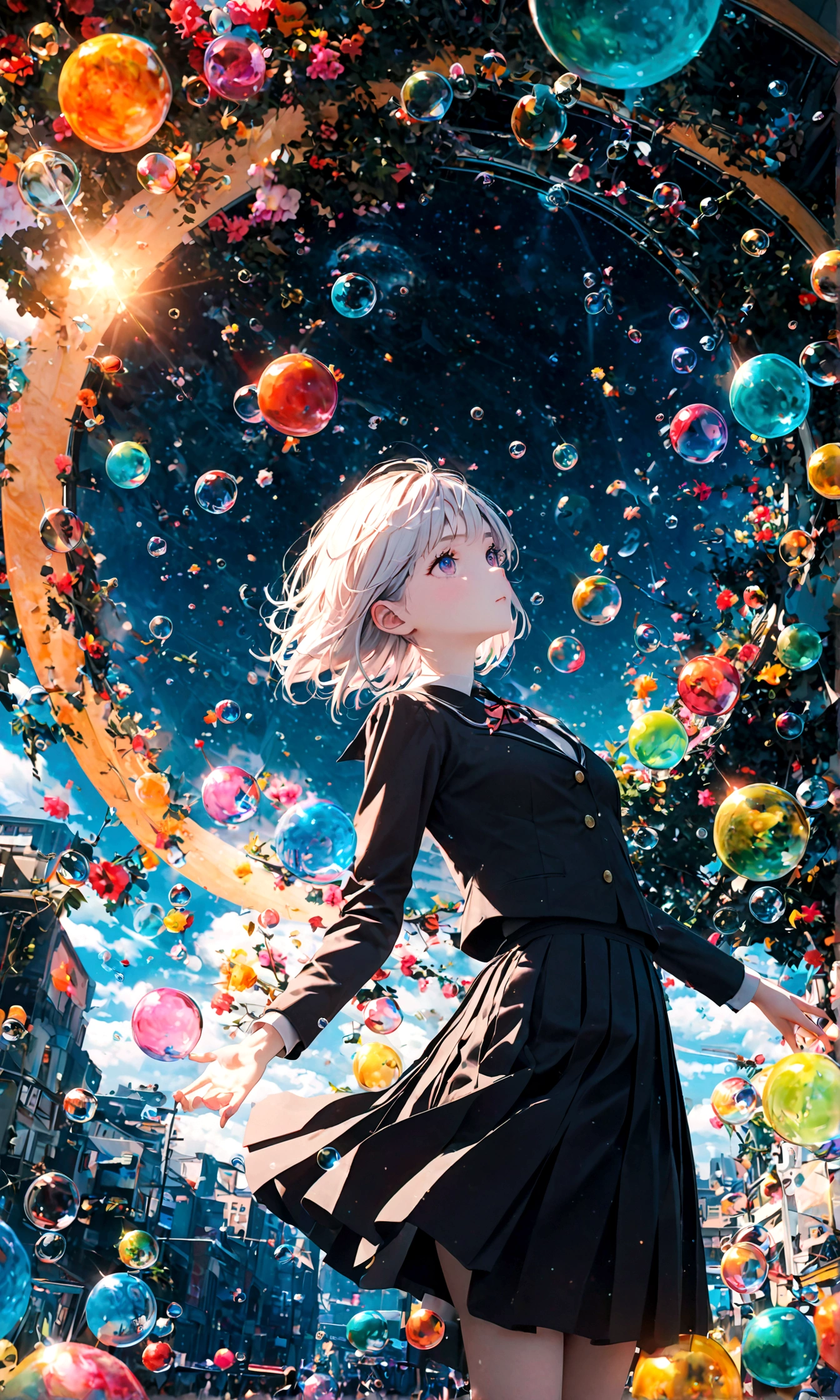 (woman\(student, 20-year-old, ＪＫ, Short silver hair floating, Space-colored eyes, school black uniform, Pale skin) Looking up at the sky), (A large glass-colored whale swims in the air), Beautiful sky, Beautiful Clouds, Colorful summer flowers are blooming everywhere., (Transparent bubbles shine like prisms here and there in the sky), There is a noon moon and a noon star in the sky, In a crowded downtown, break ,quality\(8k,非常に精細なCGユニットのwallpaper, masterpiece,High resolution,top-quality,top-quality real texture skin,Surreal,Increase the resolution,RAW Photos,最高quality,Very detailed,wallpaper,Cinema Lighting,Ray-tracing,Golden Ratio\),(Long Shot),Wide Shot,