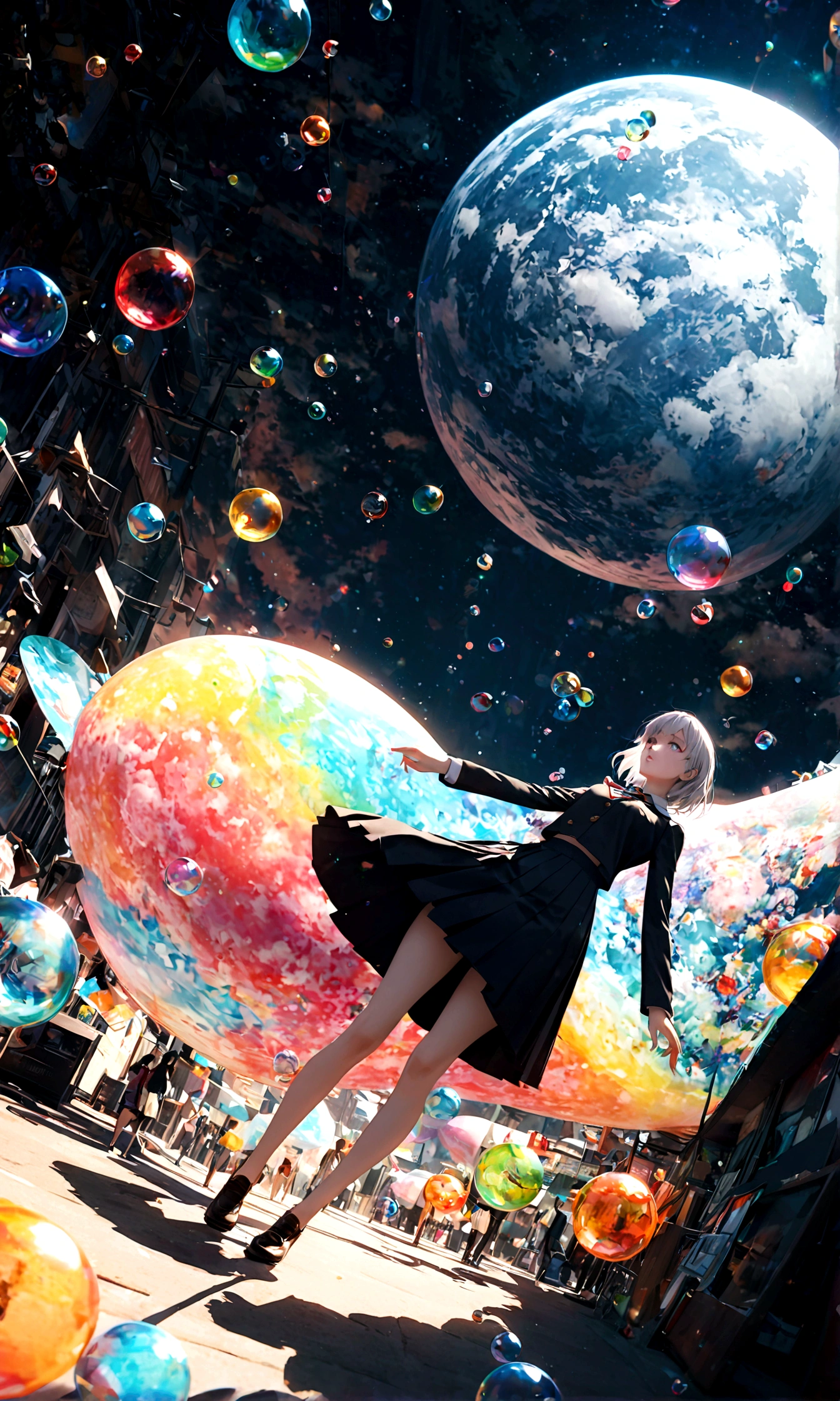 (woman\(student, 20-year-old, ＪＫ, Short silver hair floating, Space-colored eyes, school black uniform, Pale skin) Looking up at the sky), (A large glass-colored whale swims in the air), Beautiful sky, Beautiful Clouds, Colorful summer flowers are blooming everywhere., (Transparent bubbles shine like prisms here and there in the sky), There is a noon moon and a noon star in the sky, In a crowded downtown, break ,quality\(8k,非常に精細なCGユニットのwallpaper, masterpiece,High resolution,top-quality,top-quality real texture skin,Surreal,Increase the resolution,RAW Photos,最高quality,Very detailed,wallpaper,Cinema Lighting,Ray-tracing,Golden Ratio\),(Long Shot),Wide Shot,