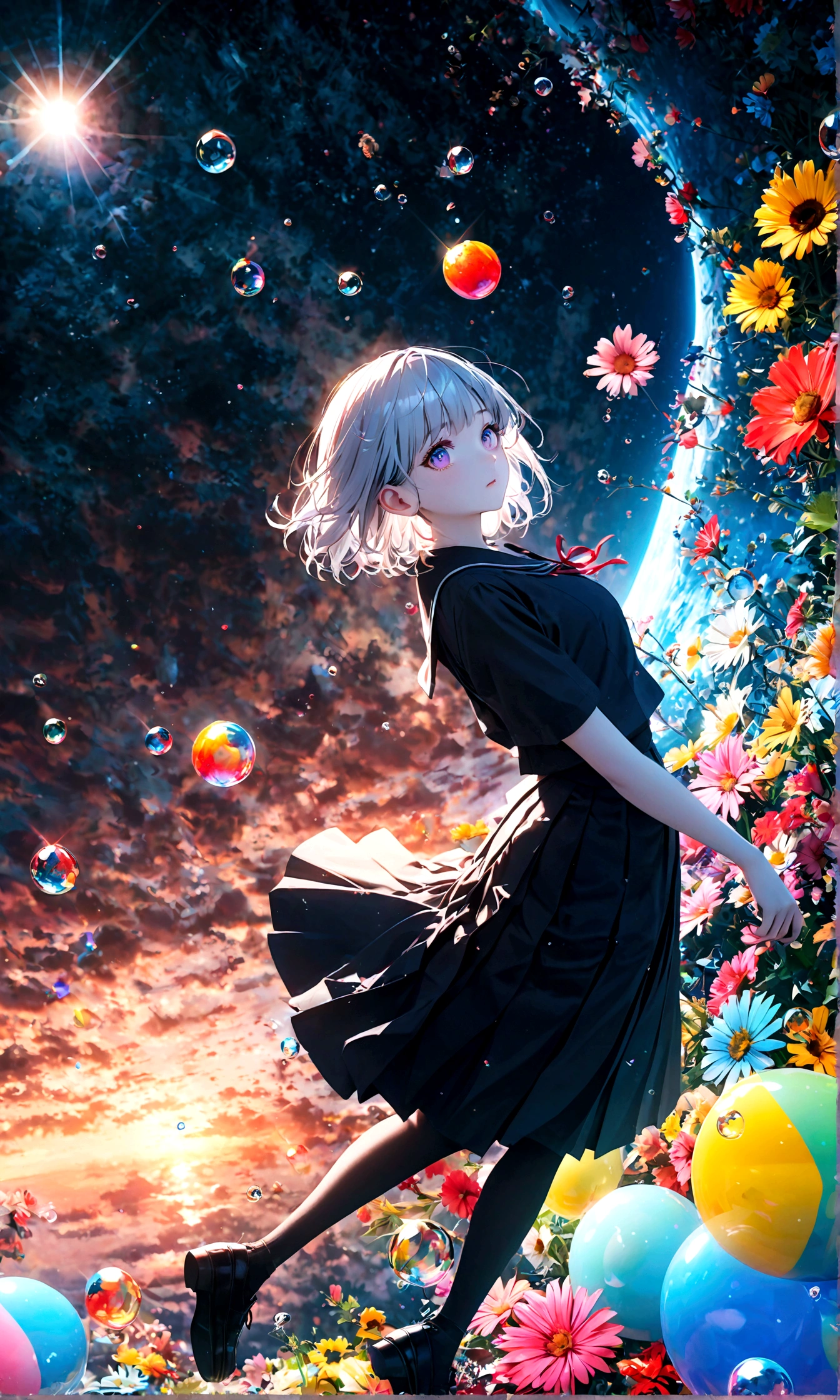 (woman\(student, 20-year-old, ＪＫ, Short silver hair floating, Space-colored eyes, school black uniform, Pale skin) Looking up at the sky), (A large glass-colored whale swims in the air), Beautiful sky, Beautiful Clouds, Colorful summer flowers are blooming everywhere., (Transparent bubbles shine like prisms here and there in the sky), There is a noon moon and a noon star in the sky, In a crowded downtown, break ,quality\(8k,非常に精細なCGユニットのwallpaper, masterpiece,High resolution,top-quality,top-quality real texture skin,Surreal,Increase the resolution,RAW Photos,最高quality,Very detailed,wallpaper,Cinema Lighting,Ray-tracing,Golden Ratio\),(Long Shot),Wide Shot,