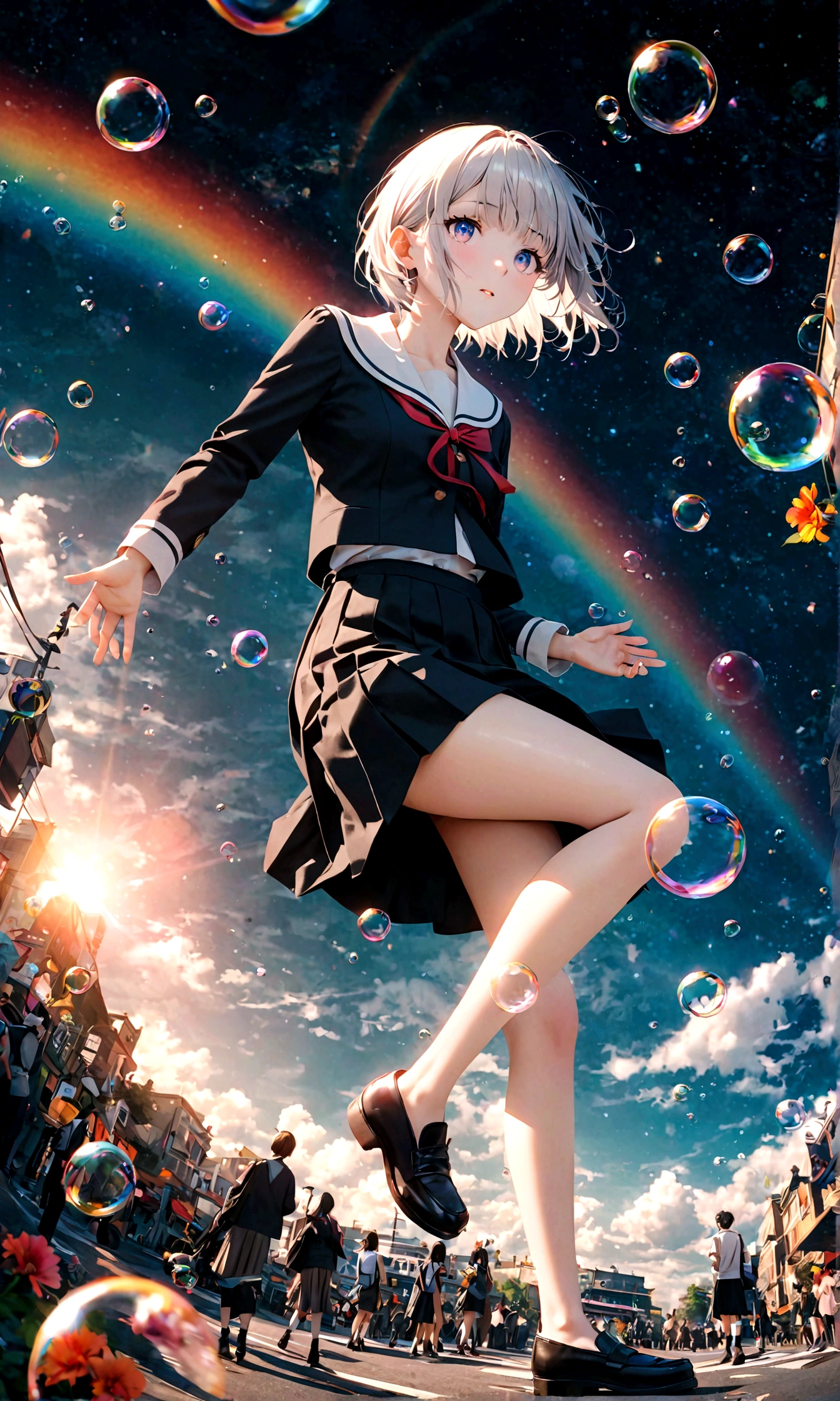 (woman\(student, 20-year-old, ＪＫ, Short silver hair floating, Space-colored eyes, school black uniform, Pale skin) Looking up at the sky), (A large glass-colored whale swims in the air), Beautiful sky, Beautiful Clouds, Colorful summer flowers are blooming everywhere., (Transparent bubbles shine like prisms here and there in the sky), There is a noon moon and a noon star in the sky, In a crowded downtown, break ,quality\(8k,非常に精細なCGユニットのwallpaper, masterpiece,High resolution,top-quality,top-quality real texture skin,Surreal,Increase the resolution,RAW Photos,最高quality,Very detailed,wallpaper,Cinema Lighting,Ray-tracing,Golden Ratio\),(Long Shot),Wide Shot,