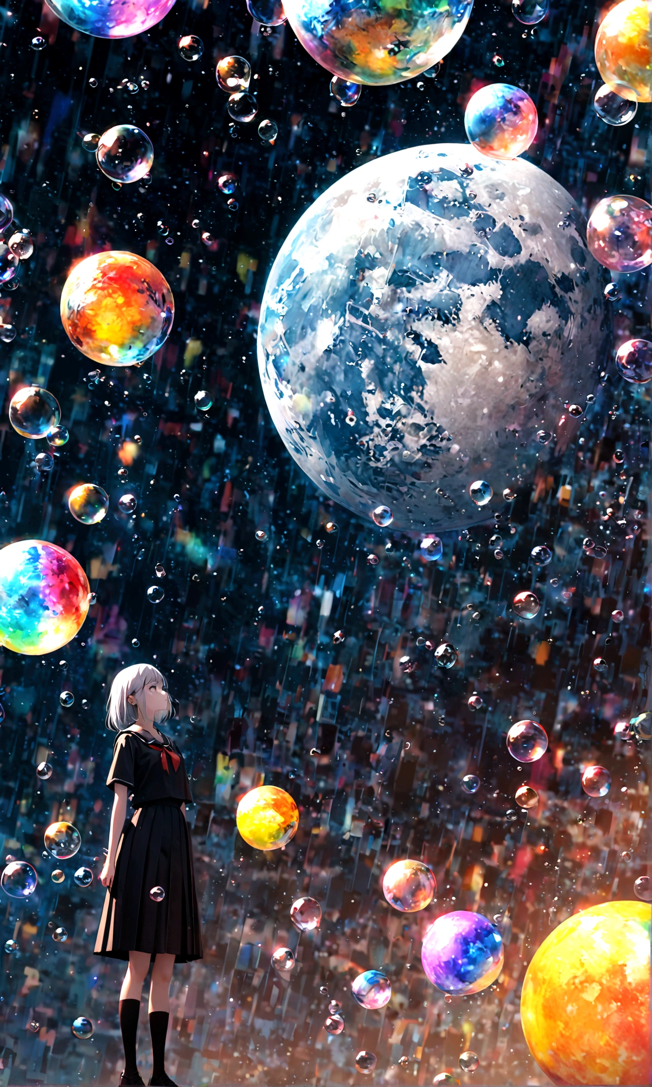 (woman\(student, 20-year-old, ＪＫ, Short silver hair floating, Space-colored eyes, school black uniform, Pale skin) Looking up at the sky), (A large glass-colored whale swims in the air), Beautiful sky, Beautiful Clouds, Colorful summer flowers are blooming everywhere., (Transparent bubbles shine like prisms here and there in the sky), There is a noon moon and a noon star in the sky, In a crowded downtown, break ,quality\(8k,非常に精細なCGユニットのwallpaper, masterpiece,High resolution,top-quality,top-quality real texture skin,Surreal,Increase the resolution,RAW Photos,最高quality,Very detailed,wallpaper,Cinema Lighting,Ray-tracing,Golden Ratio\),(Long Shot),Wide Shot,