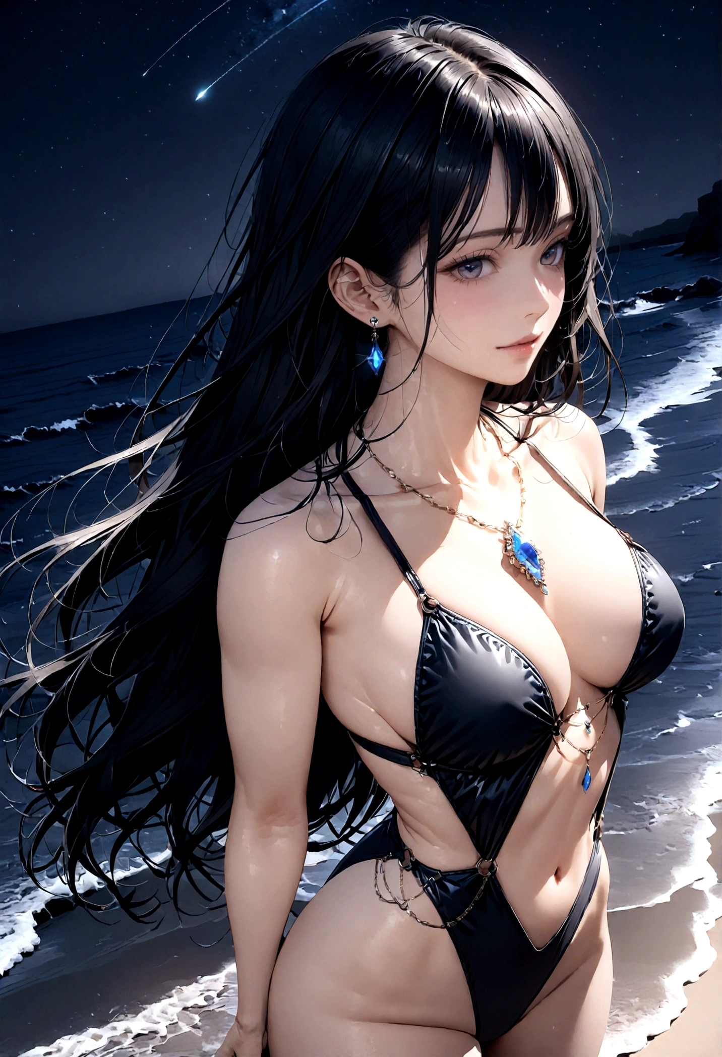 8k, masterpiece, RAW Photos, highest quality, Realistic, Very detailed, Depth of written boundary, Cinematic Light, Anatomically correct body,
One beautiful 40 year old woman, Very beautiful face, Exquisitely detailed face, (A calm and gentle face:1.4), Very delicate skin texture, Transparent muscle, Shiny white skin, Glamorous Body,
(Wavy black long hair:1.2), Sexy Breasts, Sexy ass,
(Skimpy hentai swimsuit:1.4), (Detailed cloth texture:1.2), (Body chain accessory with detailed jewel studded embellishments:1.3), (Gorgeous necklace:1.1), (Gorgeous earrings:1.1),
(Dark starry background:1.4), (Milky Way:1.1), (milky way:1.1), (shooting star:1.1), (Dark coastline at night:1.4), (Pitch black sea surface:1.4),
(Standing on the beach:1.2),
(High angle shot:1.8),