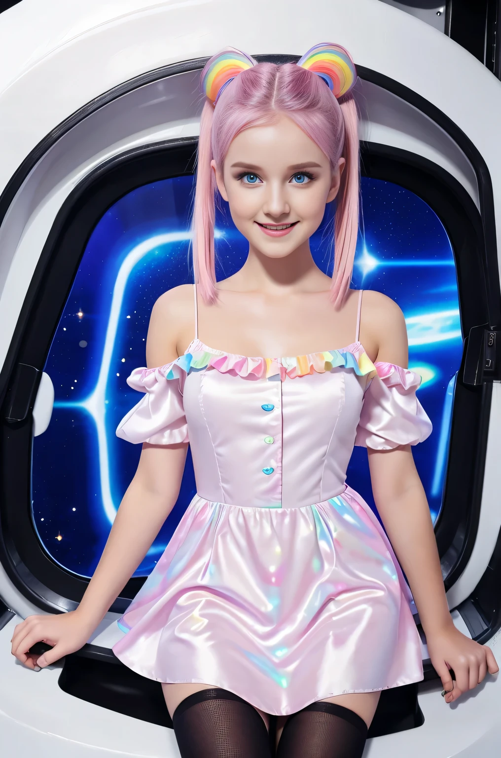 cute 19-year-old neon haired woman, pale white skin, happy, smiling, in twin tails, perfect blue eyes, pale goth skin, silky smooth skin, flying a fancy metal luxurious space ship, futuristic cockpit, she's a pilot, outer space seen in windows, dark warm lighting, wearing a futuristic dress, pleated (chemise) mini dress (pastel rainbow colors, and polka dots), puffy sleeves, silk, pantyhose, cute short cut booties, boots.