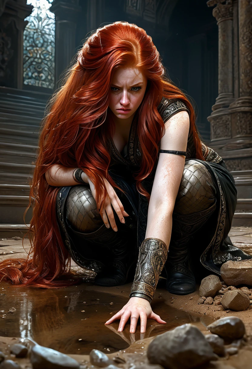 Sublime redhead crouching with a deeply disgusted look looking at the ground, disgusted look, disgusting object , very detailed intense look, detailed long hair, detailed object, highly detailed dirty hands, ((proportions parfaites, masterpiece, hyperRéaliste, masterpiece, superior quality, high resolution, Extremely detailed, highly detailed 8K wallpaper))