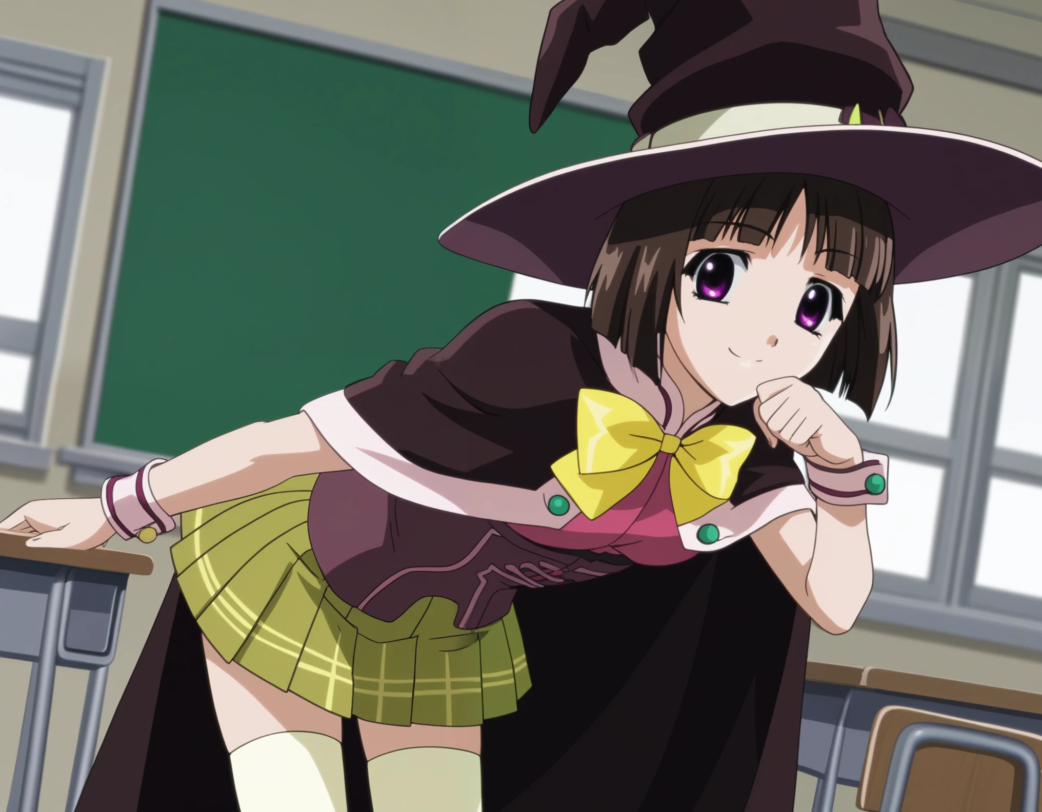 score_9, score_8_up, score_7_up, source_anime,
yukarisendou, yukari sendou, short hair, purple eyes, bangs, blunt bangs, brown hair,
skirt, thighhighs, hat, , cape, brown cape, white thighhighs, witch hat, capelet, white capelet, bow, yellow bow, pleated skirt, green skirt, corset,
indoors, classroom, bent over, smile,
looking at viewer, cowboy shot, solo, dutch angle,